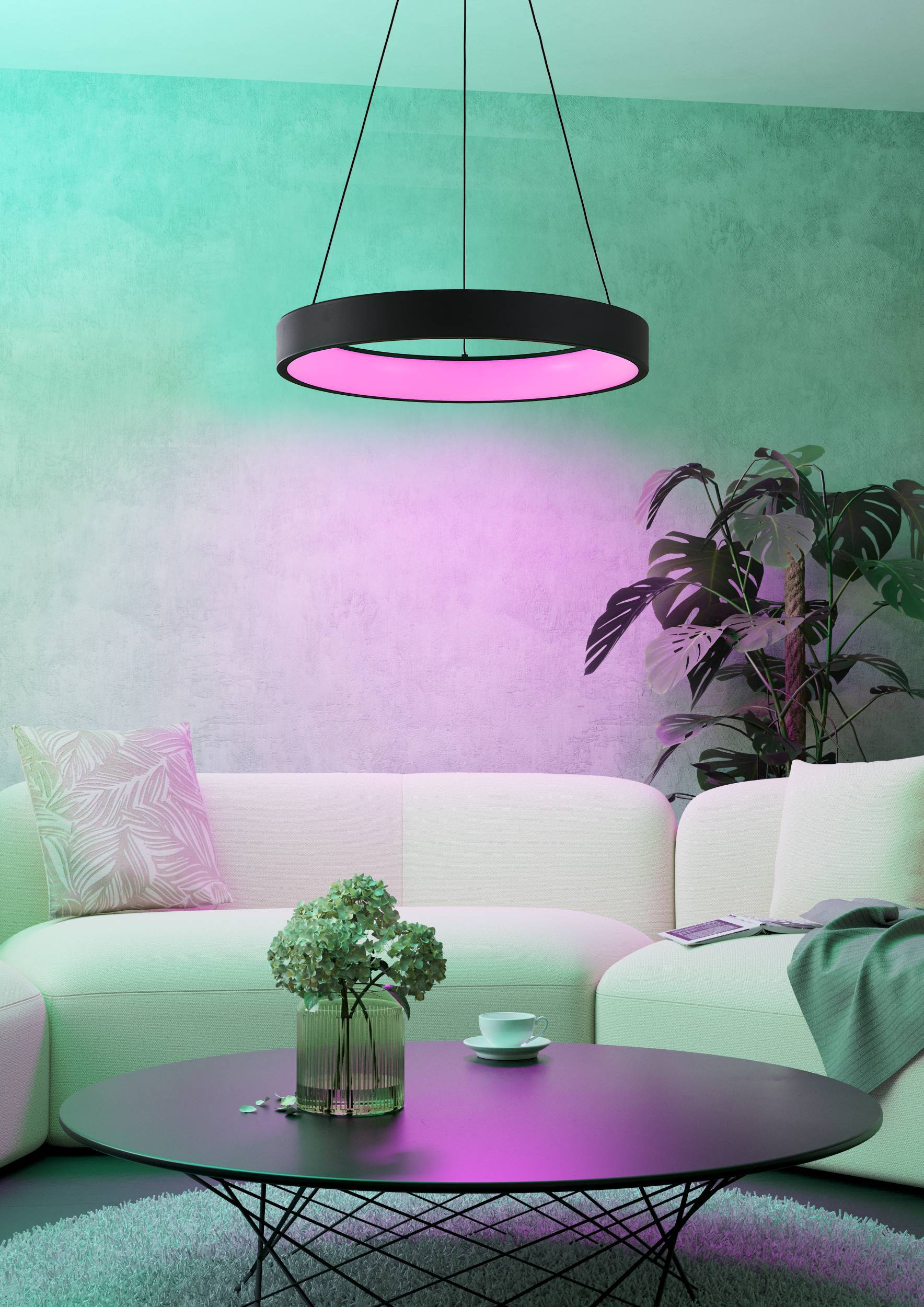 Eine schwarze und rosa kreisförmige Deckenleuchte, mit Sofa und Pflanzen im Raum.