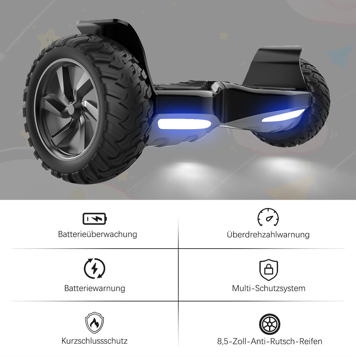 Czarny hoverboard z niebieskimi światłami na szarym tle z ikonami.