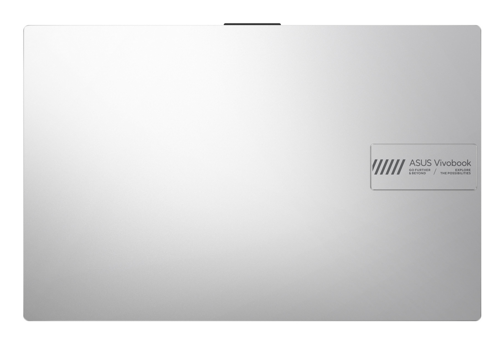 Tapa de portátil plateada con el logotipo y texto de ASUS Vivobook.
