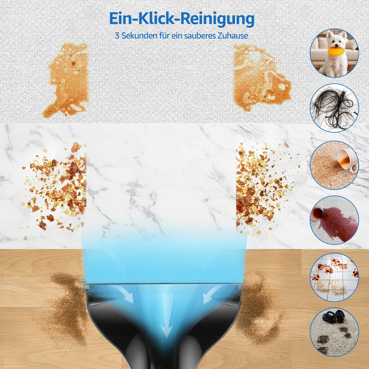 Teppichreiniger in Aktion, mit Vorher-Nachher-Beispielen zur Fleckenentfernung auf verschiedenen Oberflächen.