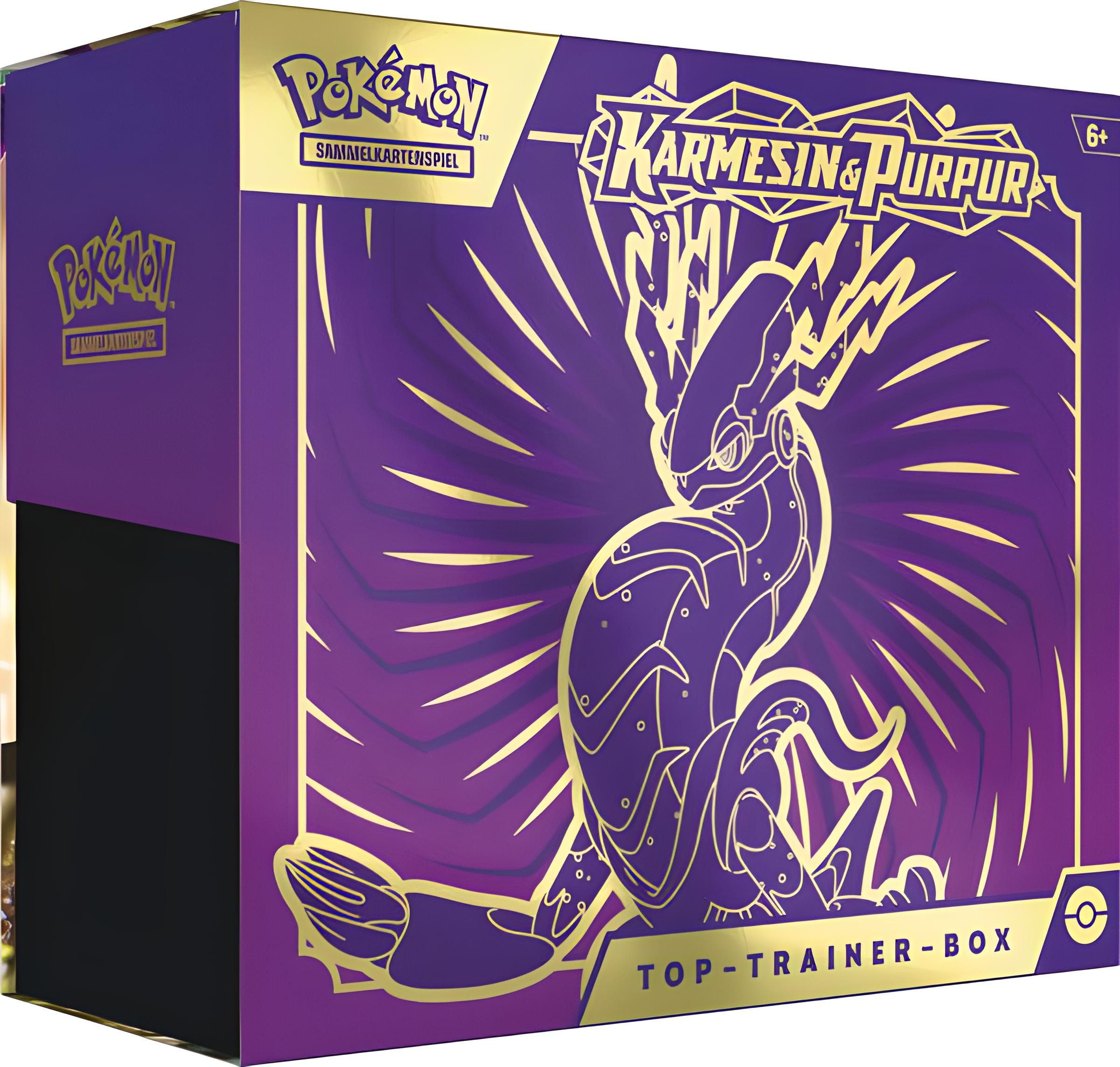Eine lila-goldene Pokémon Top-Trainer-Box mit einer drachenartigen Kreatur auf der Vorderseite.