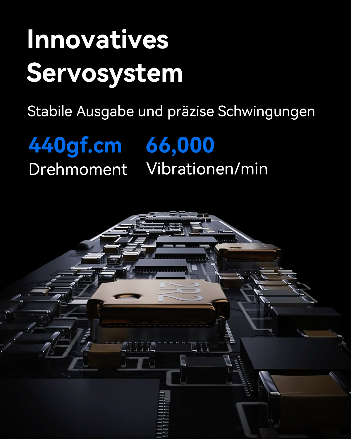 Zbliżenie na elementy elektroniczne, płytka drukowana z tekstem o innowacyjnym systemie serwo.