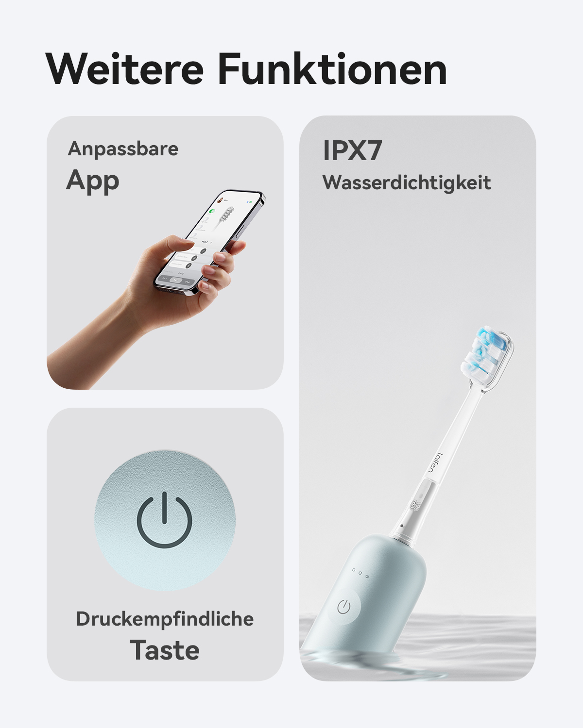 Eine blaue elektrische Zahnbürste teilweise in Wasser getaucht, mit Hand, die eine App benutzt und einer berührungsempfindlichen Taste.