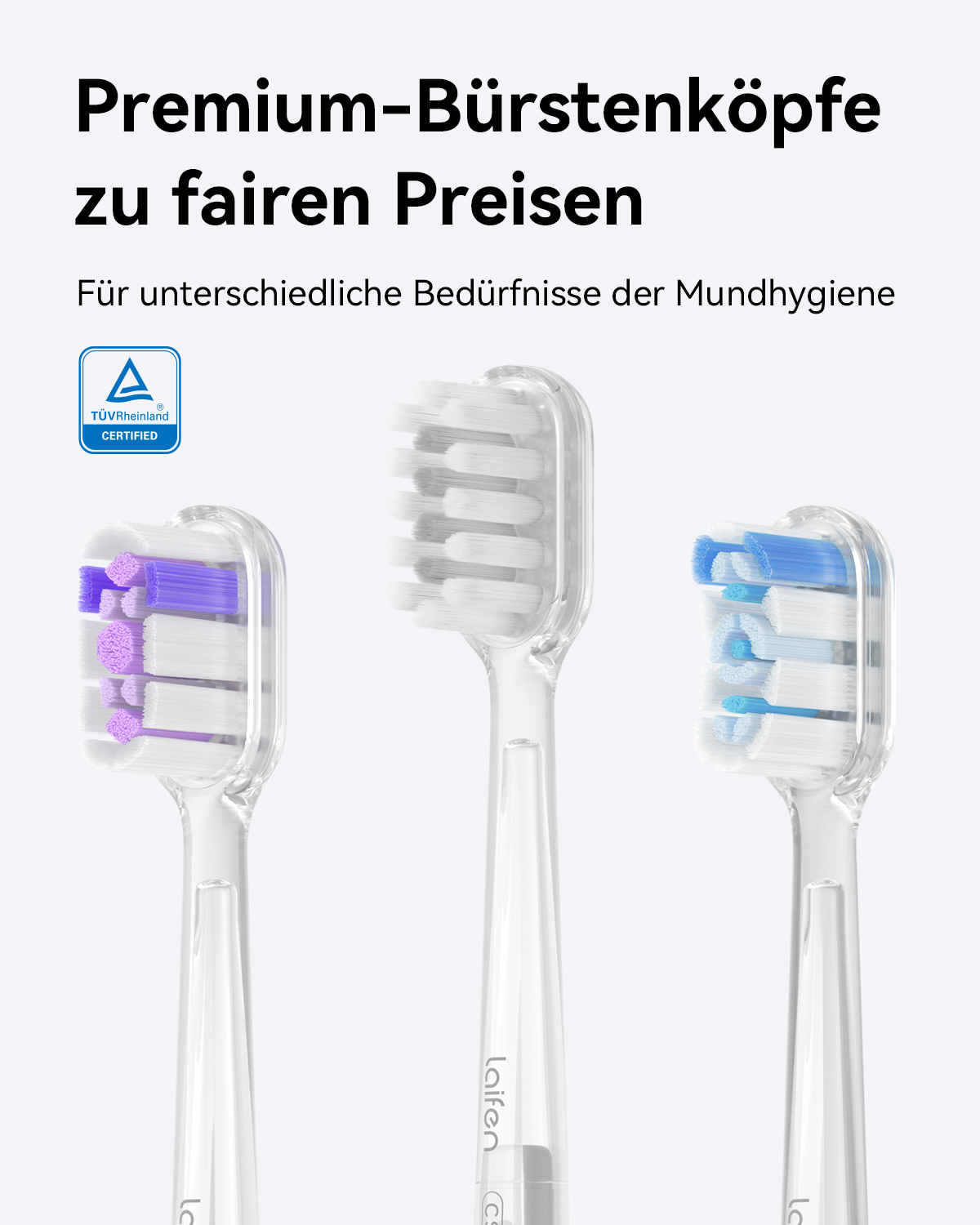 Trzy główki szczoteczki do zębów z przezroczystymi uchwytami, górna z fioletowym włosiem, środkowa z szarym, a ostatnia z niebieskim.