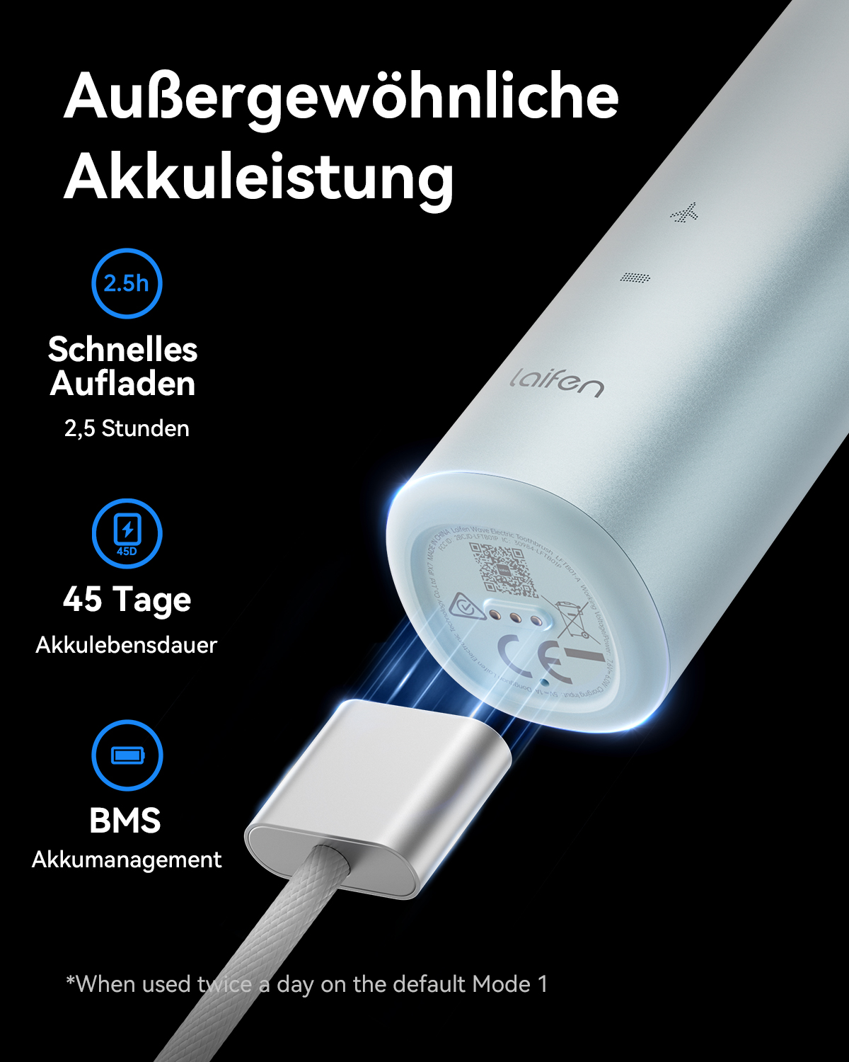 Ein blauer Elektrorasierer, der über ein silbernes USB-C-Kabel geladen wird, mit Details zu Akkulaufzeit und Ladegeschwindigkeit.