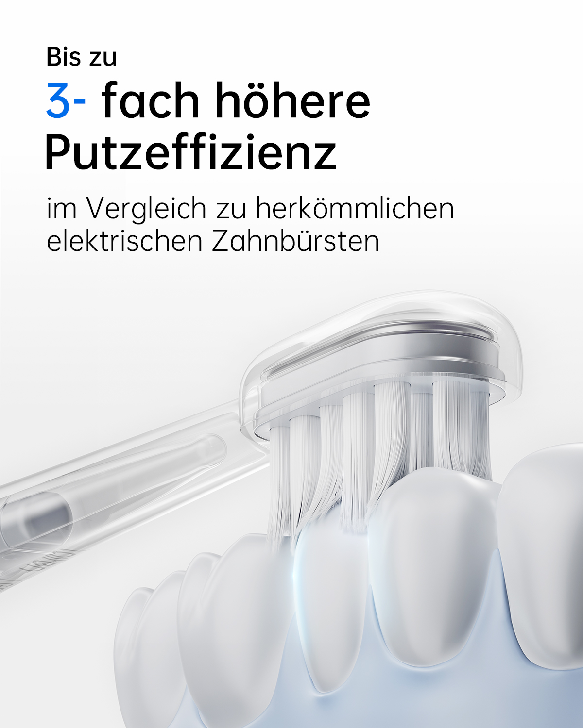 Nahaufnahme des elektrischen Zahnbürstenkopfes, der Zähne putzt, mit Text, der bis zu 3x höhere Reinigungseffizienz angibt.