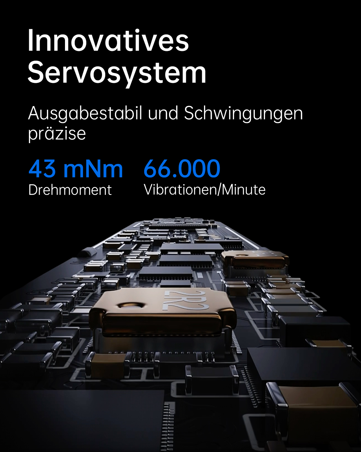 Nahaufnahme einer Leiterplatte mit Text, der 43 mNm Drehmoment und 66.000 Vibrationen/Minute angibt.