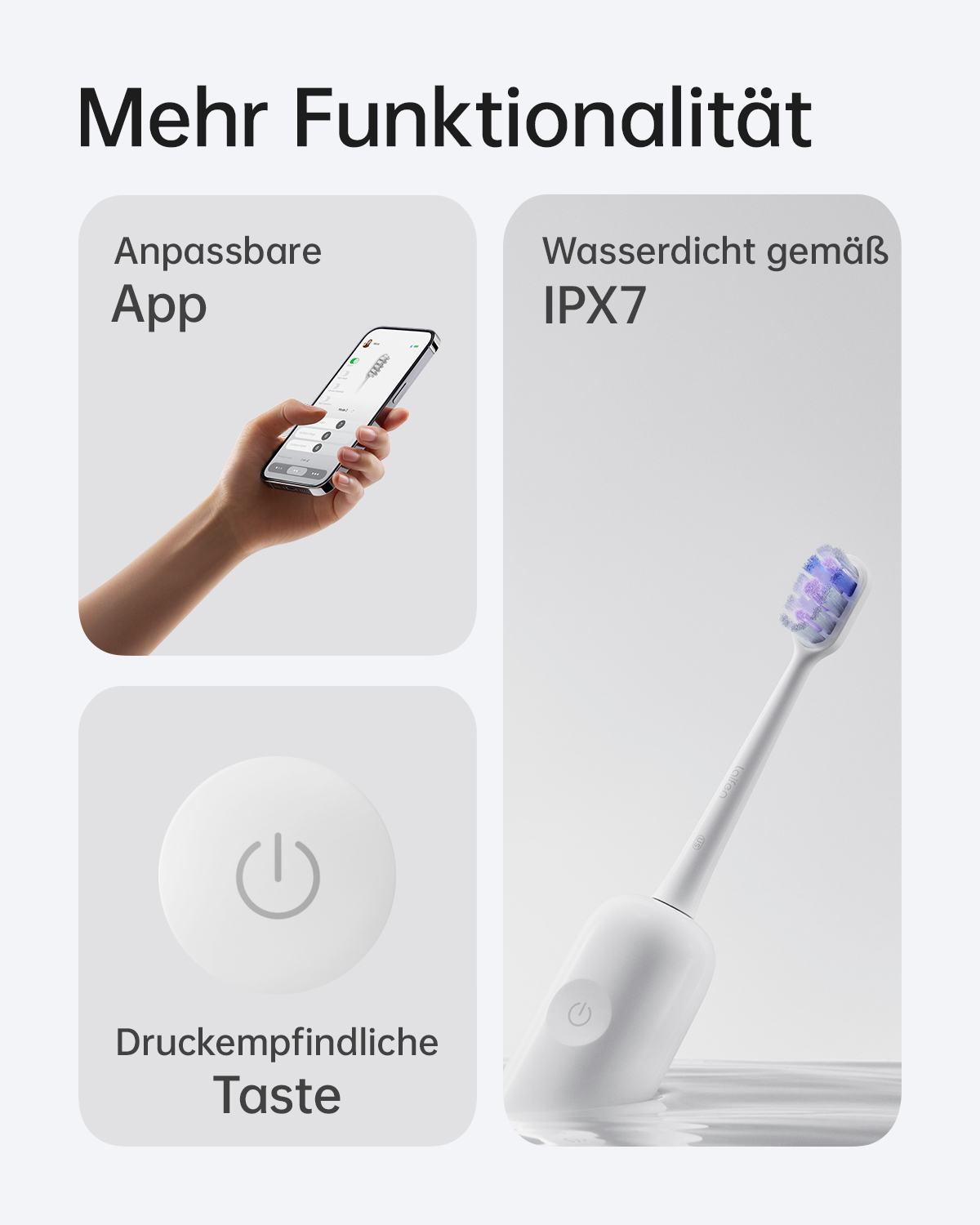 Bilder zeigen: App-Steuerung, IPX7-Wasserdichtigkeit und eine druckempfindliche Taste auf einer weißen Zahnbürste.