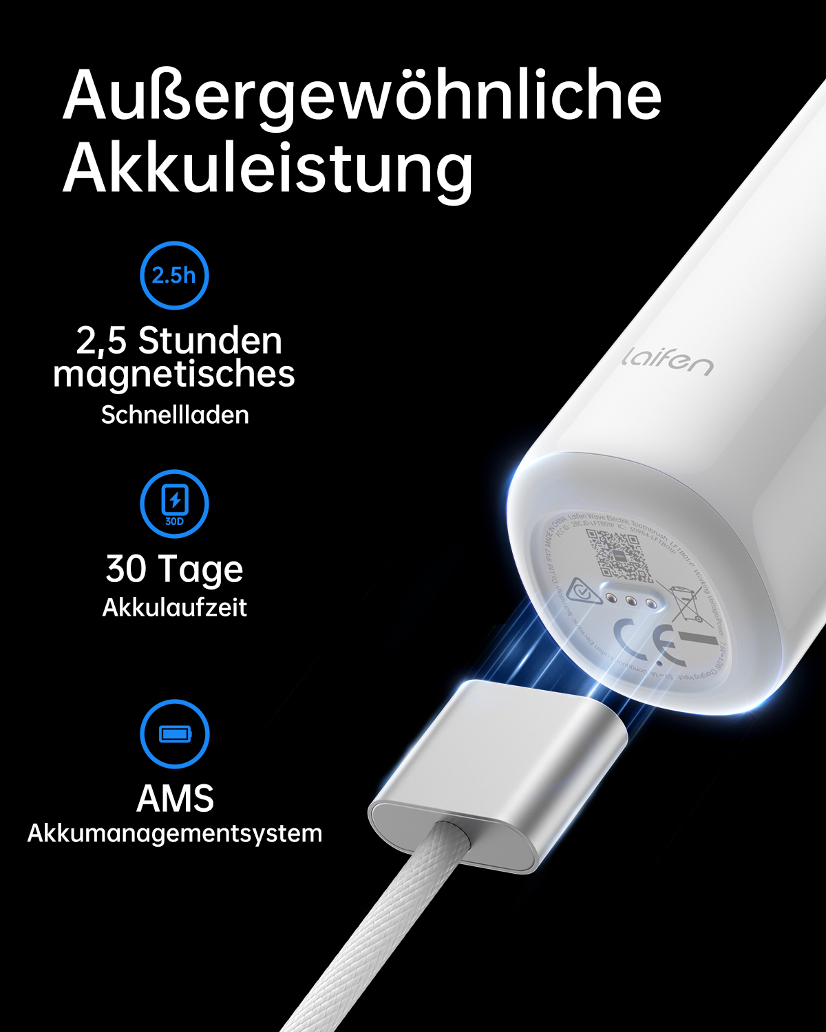 Ein weißes Ladegerät mit Text über Schnellladung und Akkulaufzeit, Nahaufnahme des Ladeanschlusses.