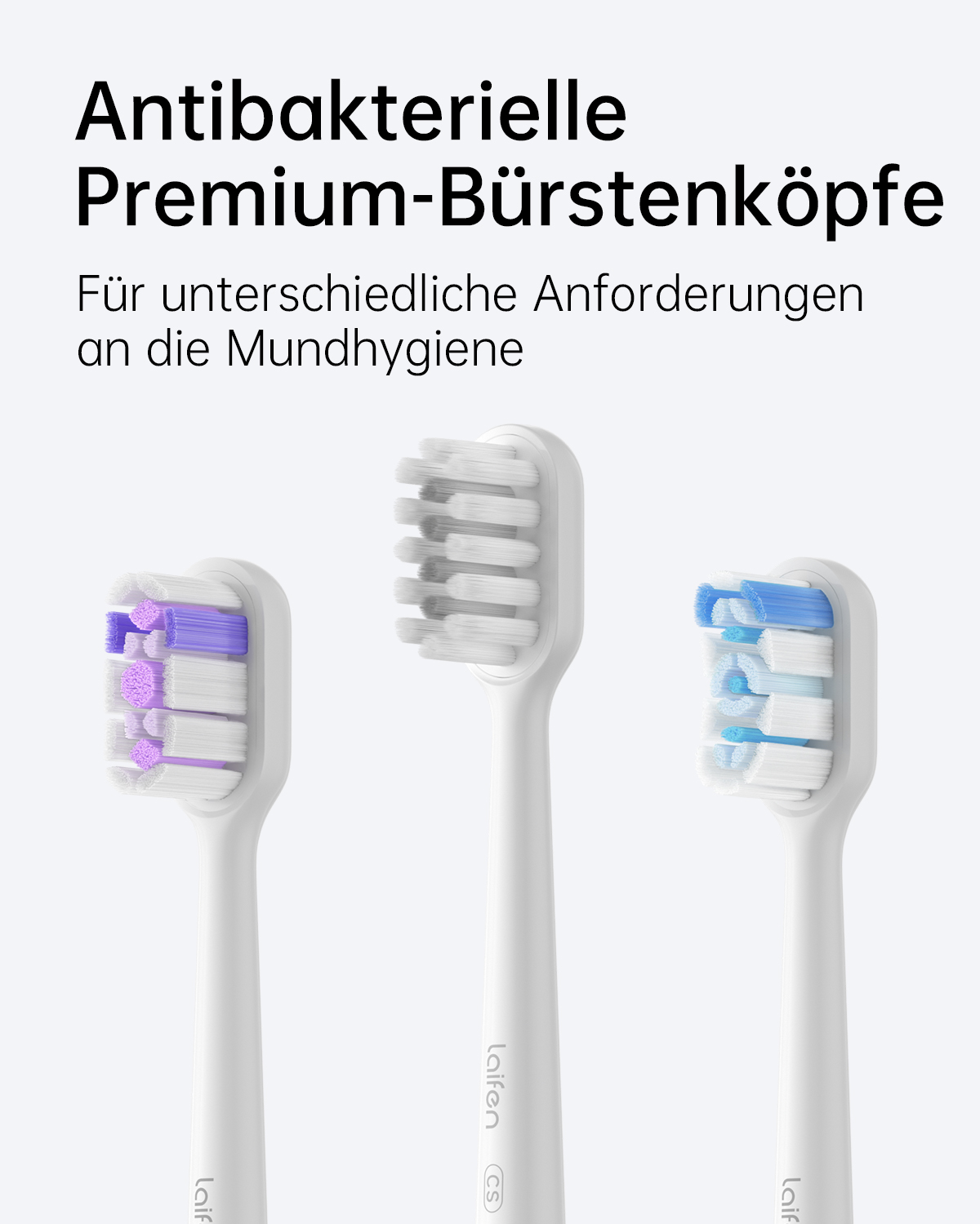 Drei elektrische Zahnbürstenköpfe in verschiedenen Farben: lila, weiß und blau, mit Text darüber.
