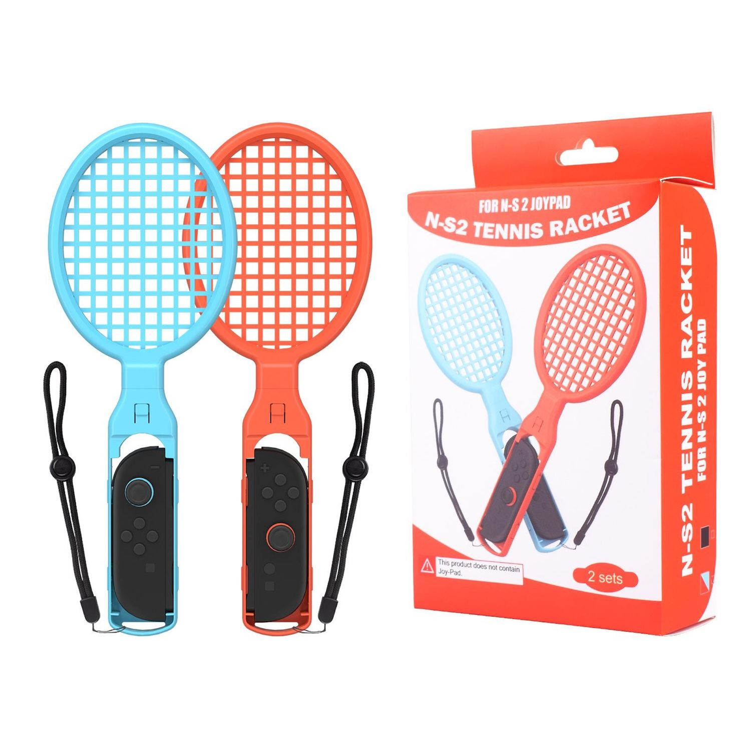 Ein Tennisschläger-Set mit zwei Schlägern, zwei Handgelenkschlaufen, eine Verpackung mit Produktinformationen.