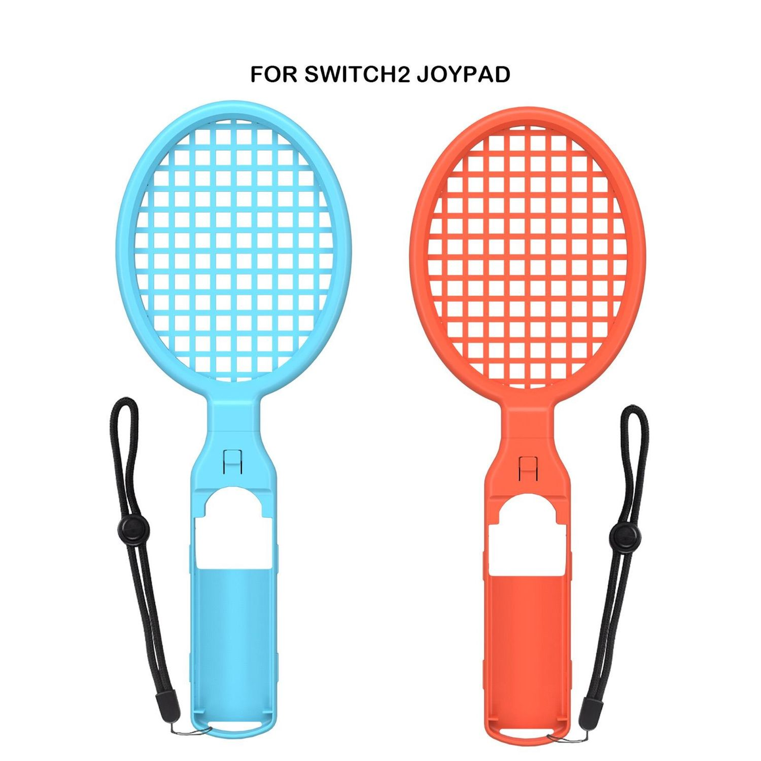 Zwei Switch2-Joypad-Tennisschläger, blau und orange, mit schwarzen Handgelenkschlaufen. Die Schläger sind auf weißem Grund.
