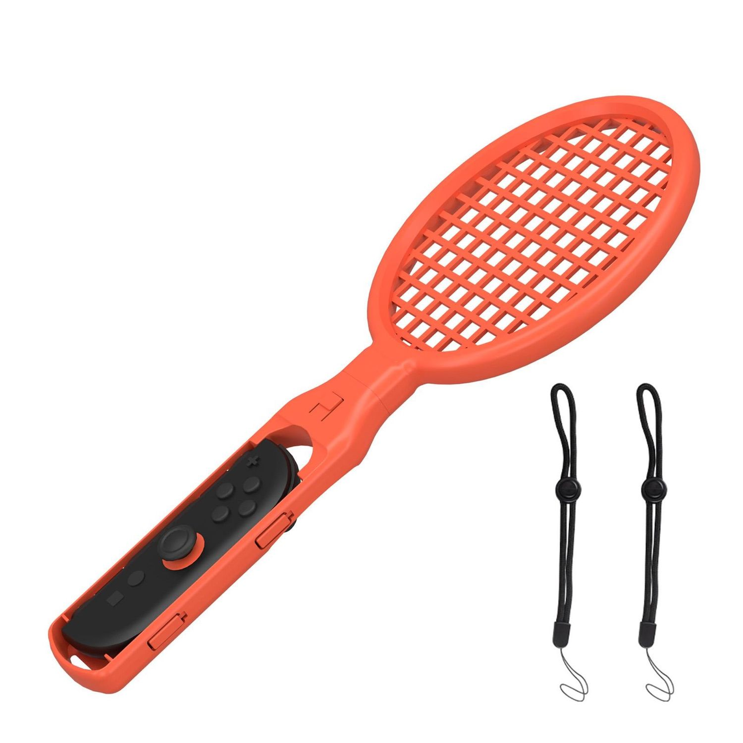 Ein orangefarbenes Tennisschlägerspielzeug mit einem Controller und zwei schwarzen Handgelenkschlaufen.