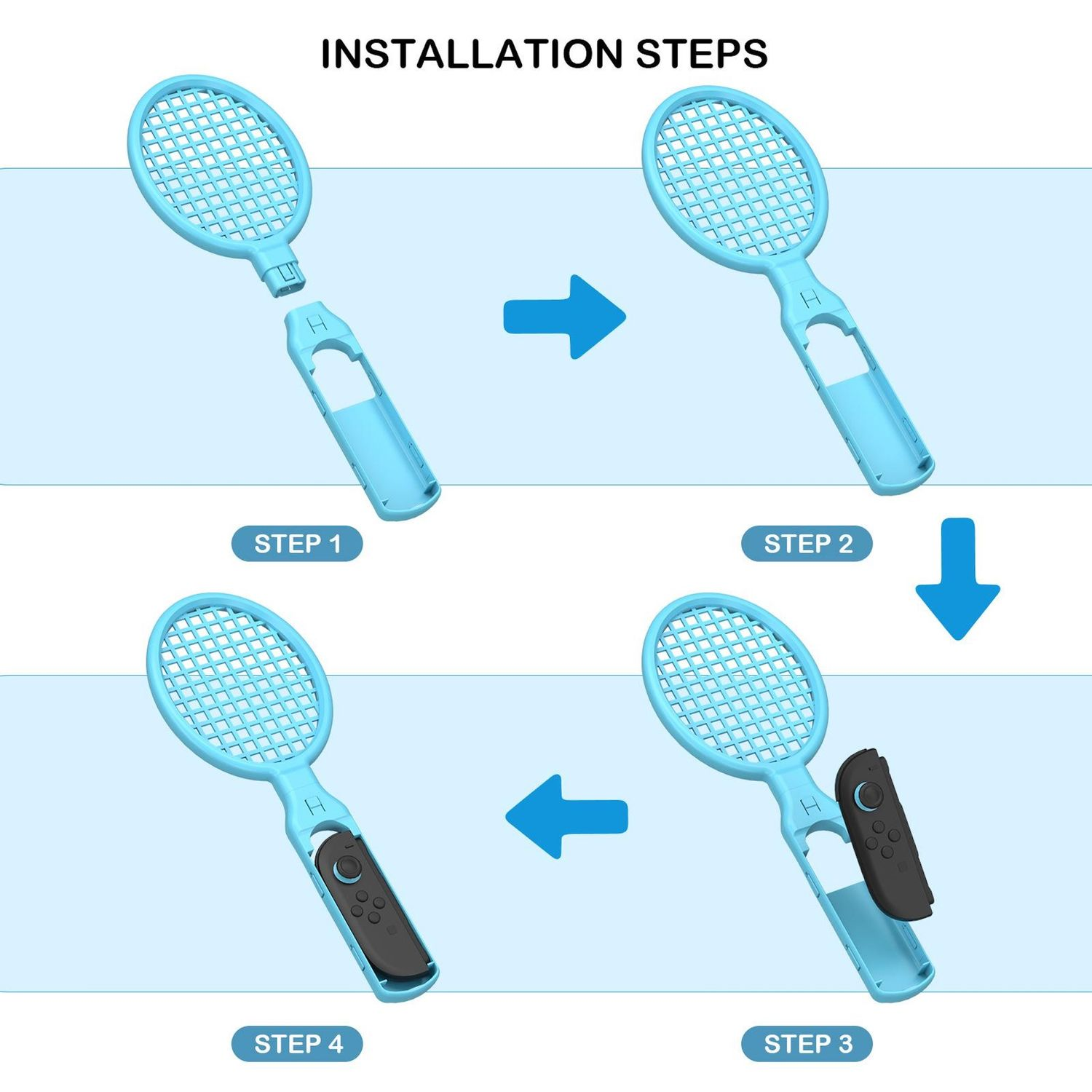 Vier Schritte, die die Montage eines blauen und schwarzen Tennisschlägerspielzeugs mit einem Gamecontroller zeigen.