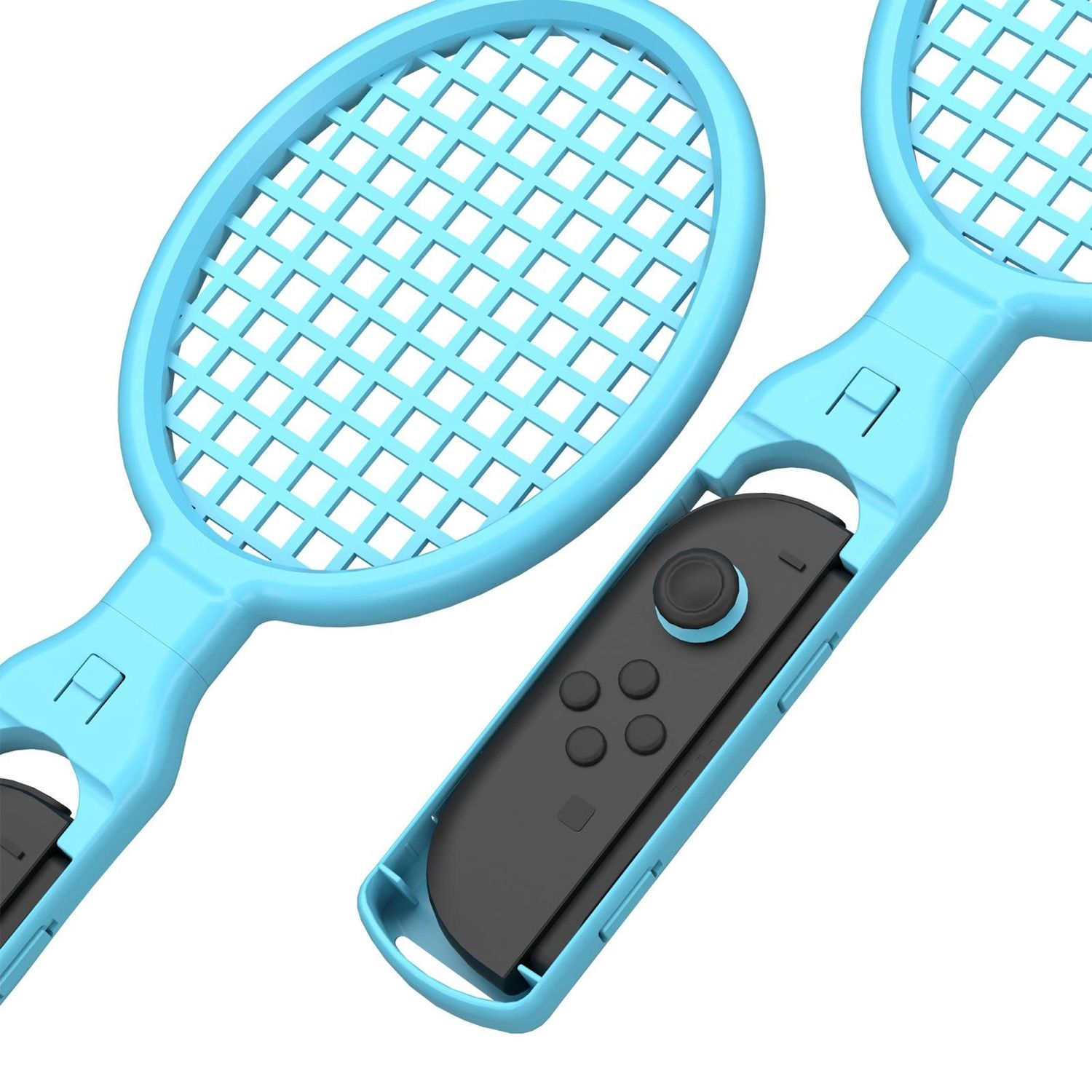 Zwei blaue Joy-Con-Controller, die in einen blauen Tennisschläger eingesetzt sind, mit schwarzen Knöpfen und Joystick.