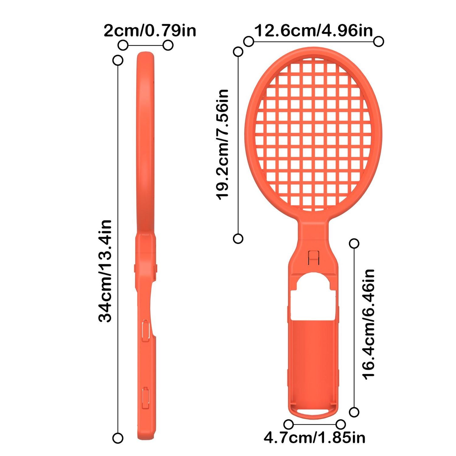 Ein orangefarbener Switch2 Joypad-Tennisschläger mit Maßangaben in Zentimetern und Zoll. Der Schläger liegt auf weißem Grund.