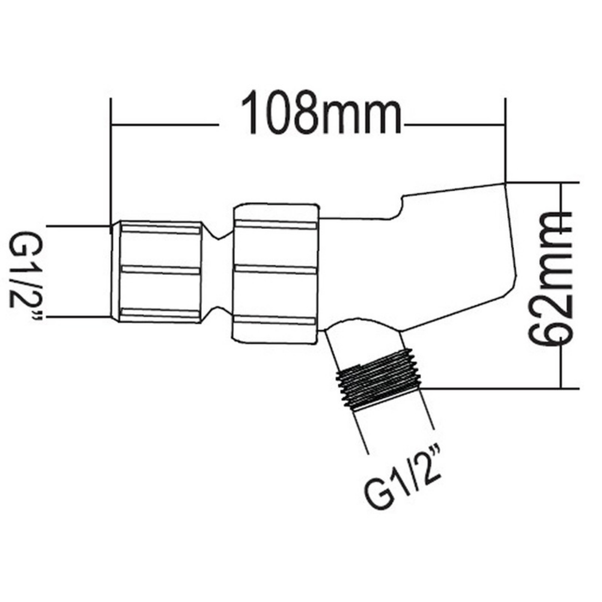 Ein Diagramm eines Messinganschlusses mit Abmessungen. Zeigt einen Rohranschluss mit einem G1/2"-Gewinde und einer Länge von 62 mm.