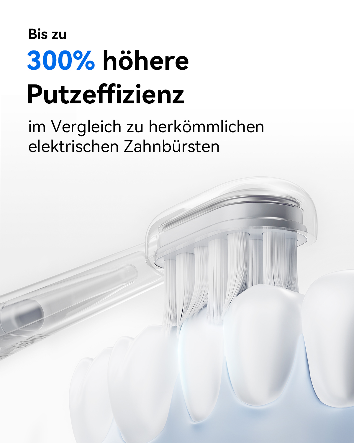 Zbliżenie główki szczoteczki do zębów czyszczącej zęby, z tekstem: 'Do 300% większa wydajność czyszczenia' po niemiecku.