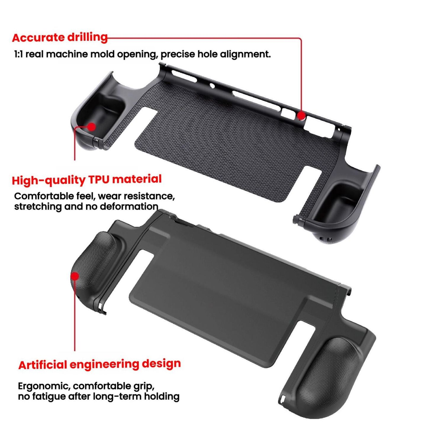 Dos agarres del controlador Switch con anotaciones que resaltan características como la perforación precisa y el diseño ergonómico.