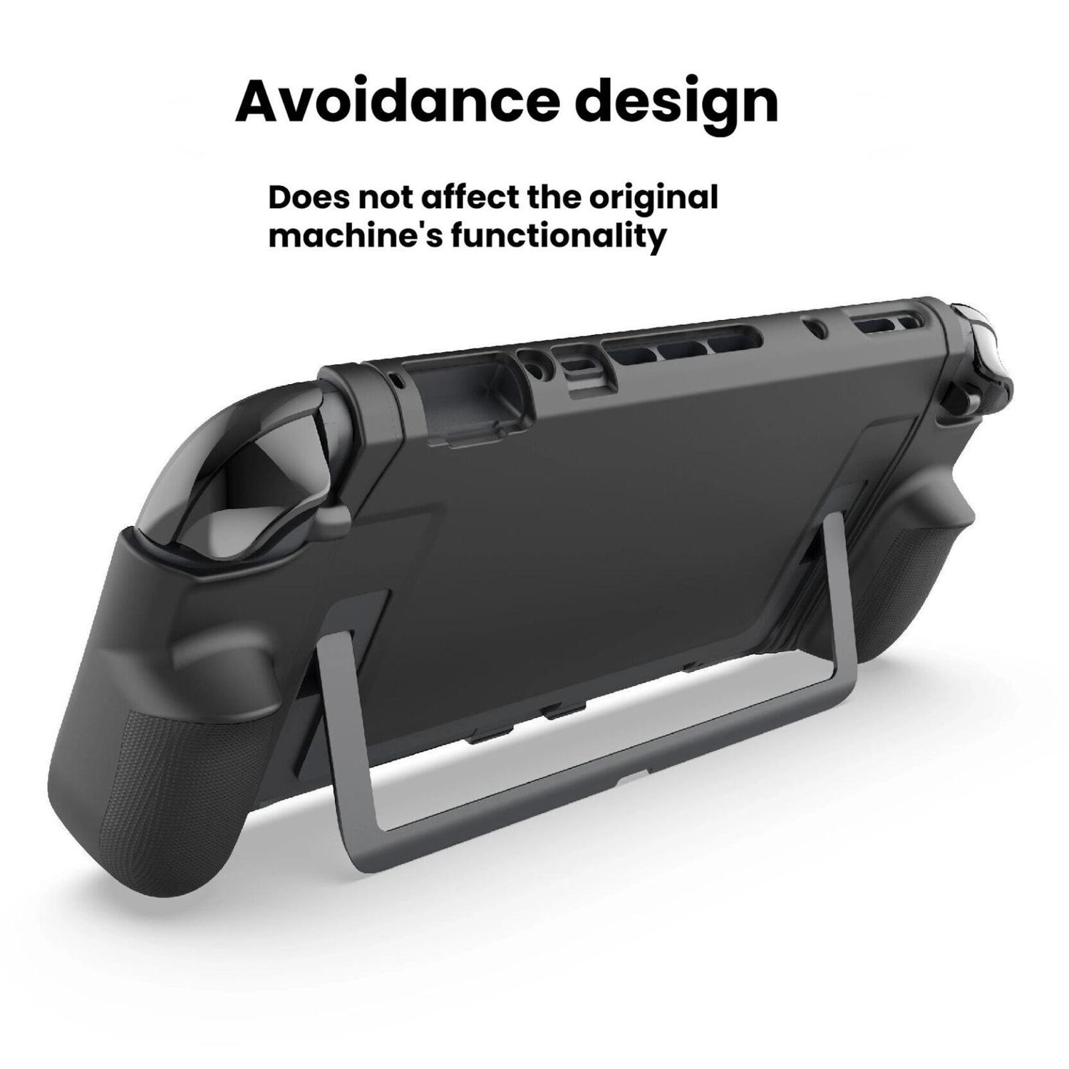 Carcasa negra para consola de juegos con soporte. El diseño no afecta a la máquina original.