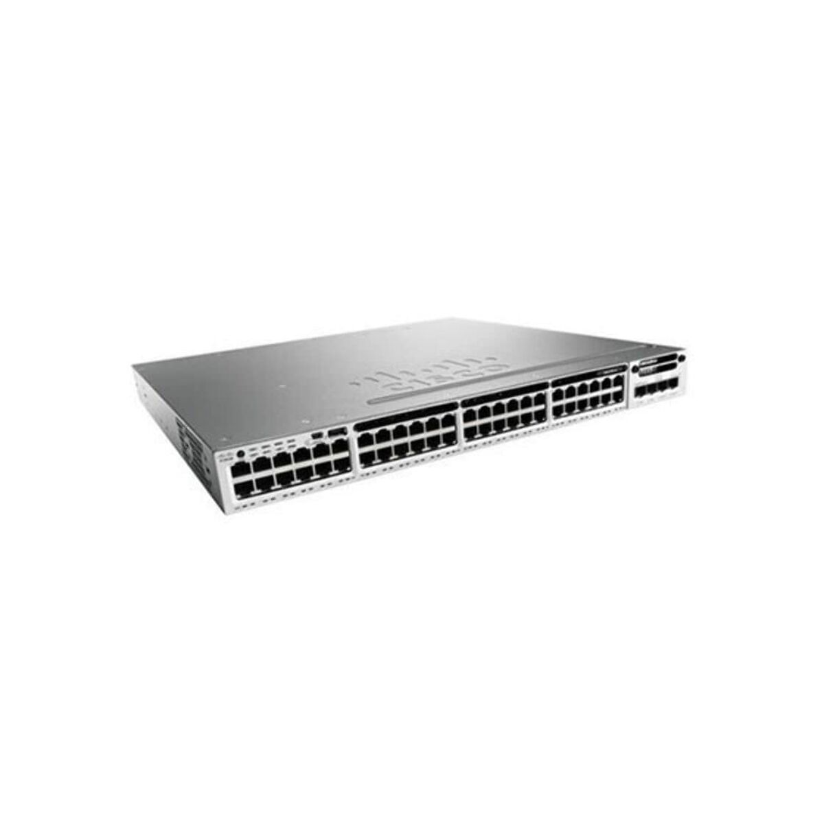 Ein einzelner silberner Netzwerk-Switch mit vielen schwarzen Anschlüssen und Steckern auf weißem Hintergrund.