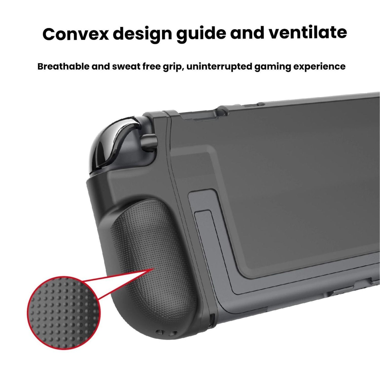 Carcasa negra para consola de juegos con agarre texturizado. Diseño sin sudor para juego ininterrumpido.