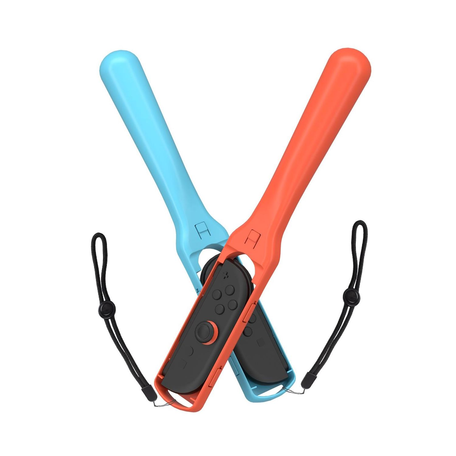 Zwei Controller-Halter, blau und orange, für Gamecontroller, mit schwarzen Handschlaufen.