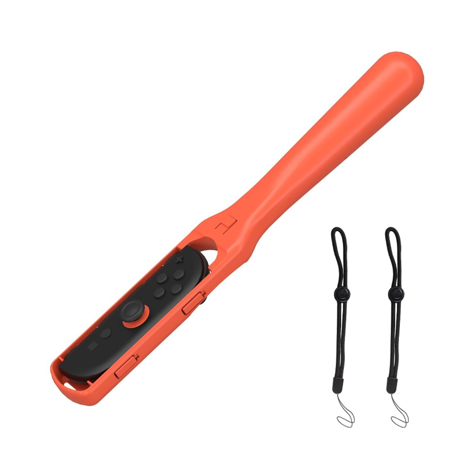 Oranger Controllerhalter mit schwarzem Gamecontroller, plus zwei schwarzen Handschlaufen.