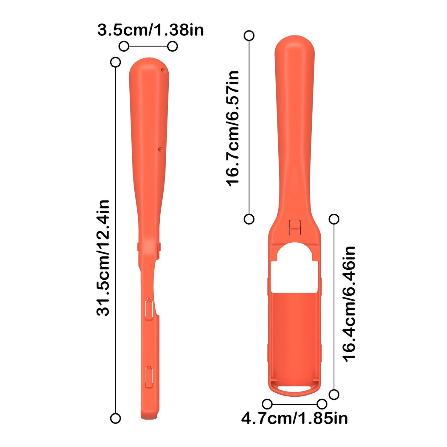 Zwei orangefarbene Controller-Halter mit Abmessungen in Zentimetern und Zoll.