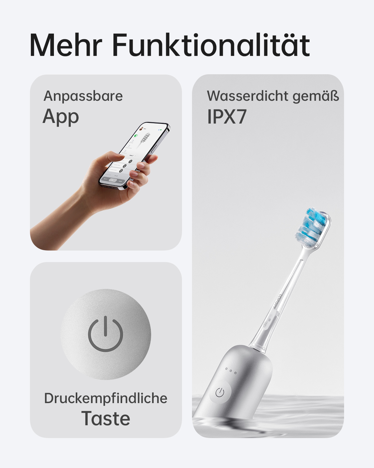 Diagramm einer Zahnbürste, App und Touch-Taste. Die Zahnbürste befindet sich im Wasser. Text beschreibt die Funktionalität.