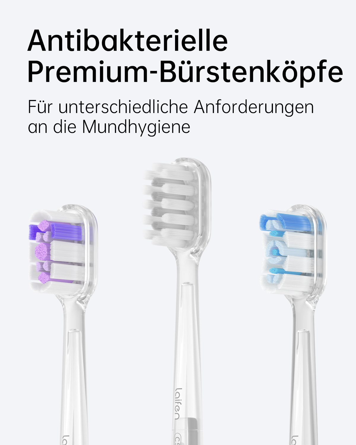 Drei Zahnbürstenköpfe mit Text oben. Einfacher weißer Hintergrund, mit lila, blauen und weißen Köpfen.