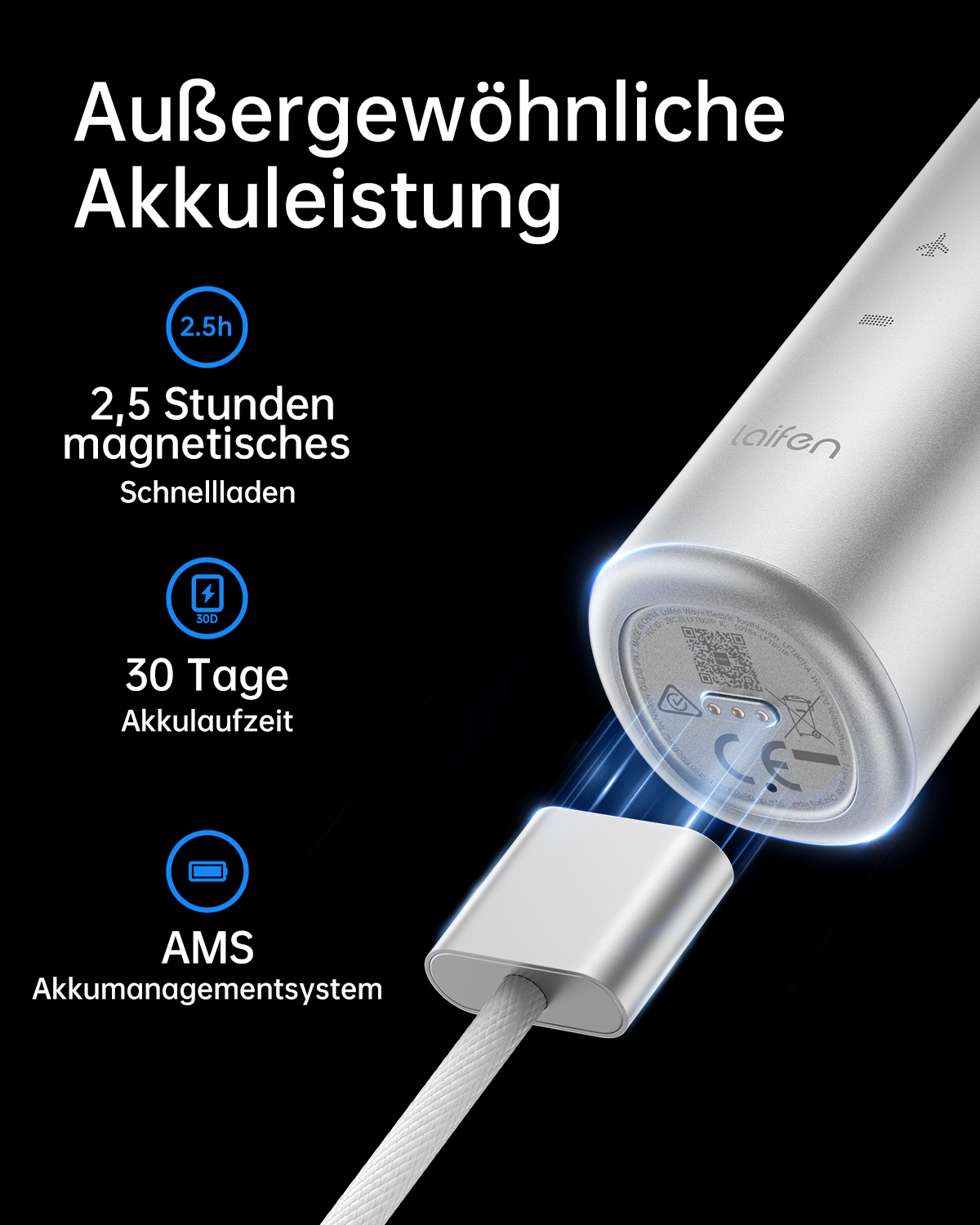 Silbernes Ladegerät mit Text. Es zeigt Details zum Schnellladen, Akkulaufzeit und AMS.