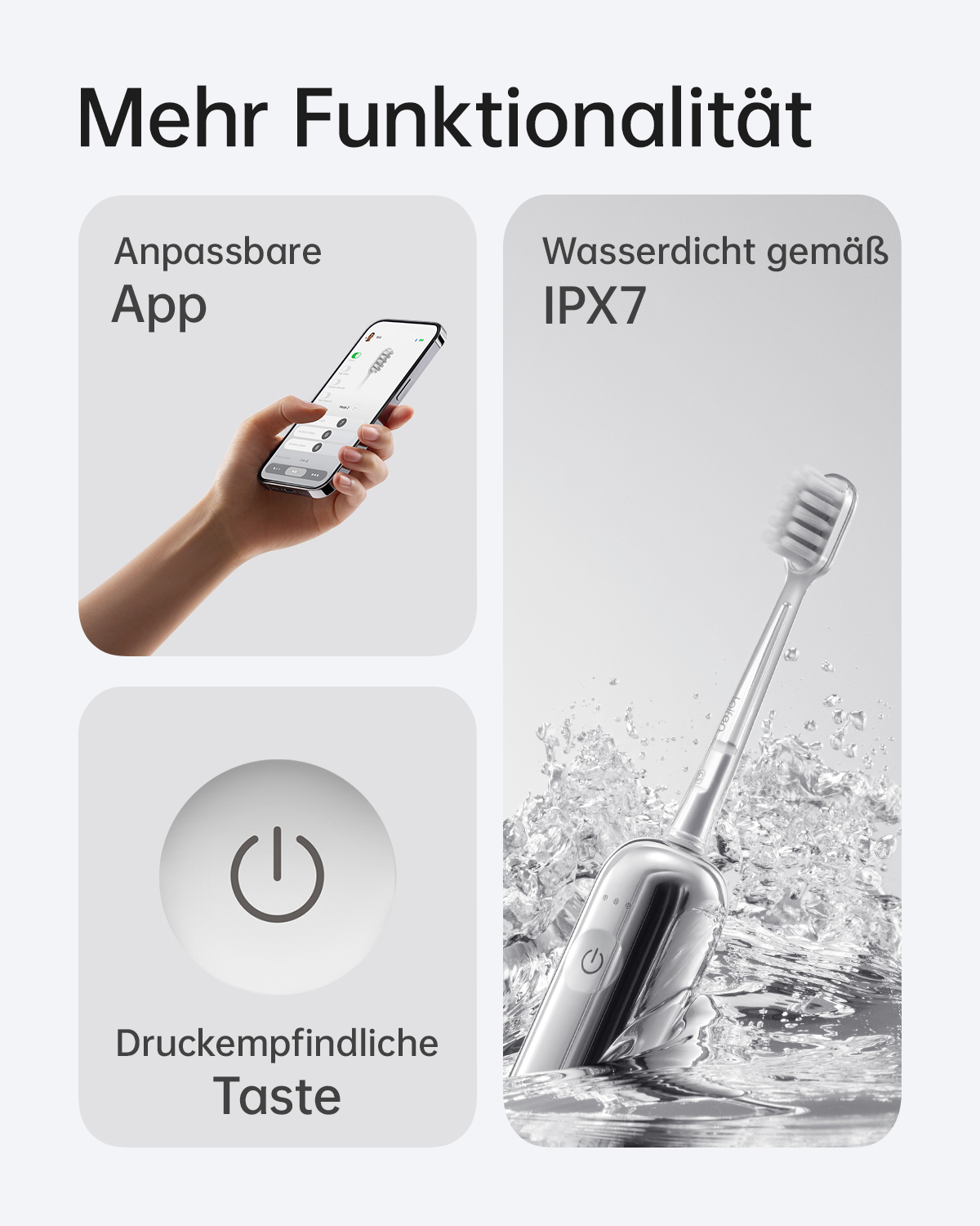 Un graphique avec du texte sur la fonctionnalité de la brosse à dents. Il montre une main utilisant un téléphone.