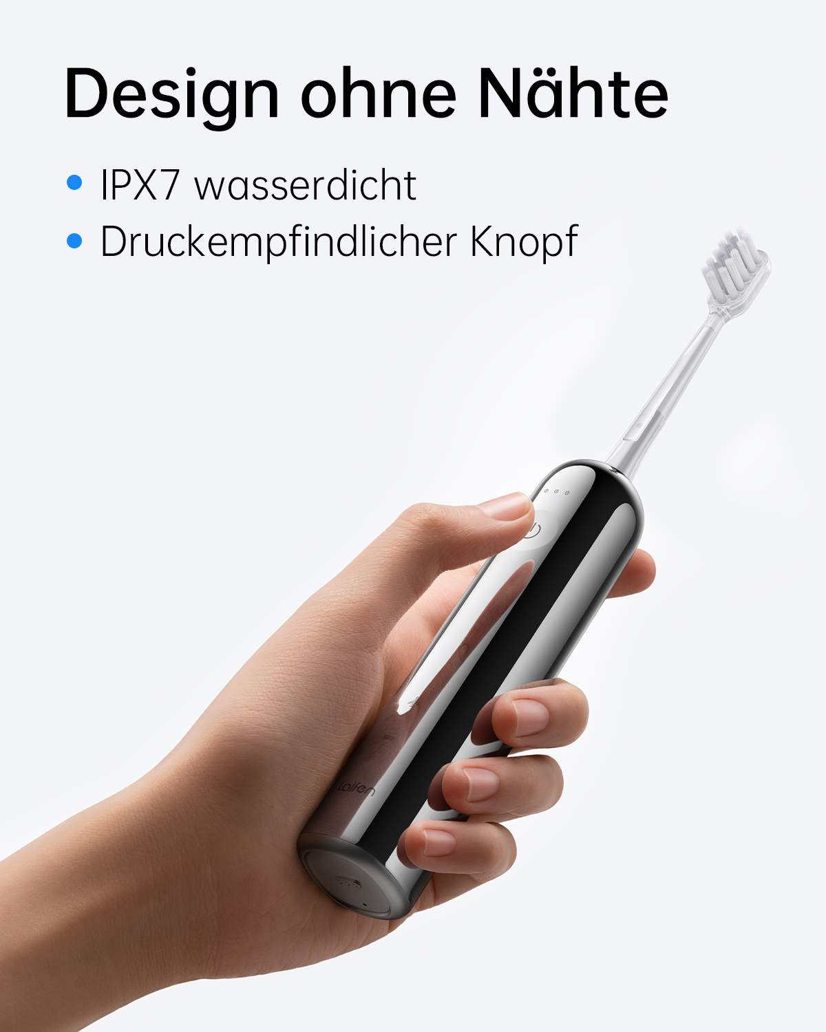Main tenant une brosse à dents électrique. Texte met en avant IPX7 étanche et bouton sensible à la pression.