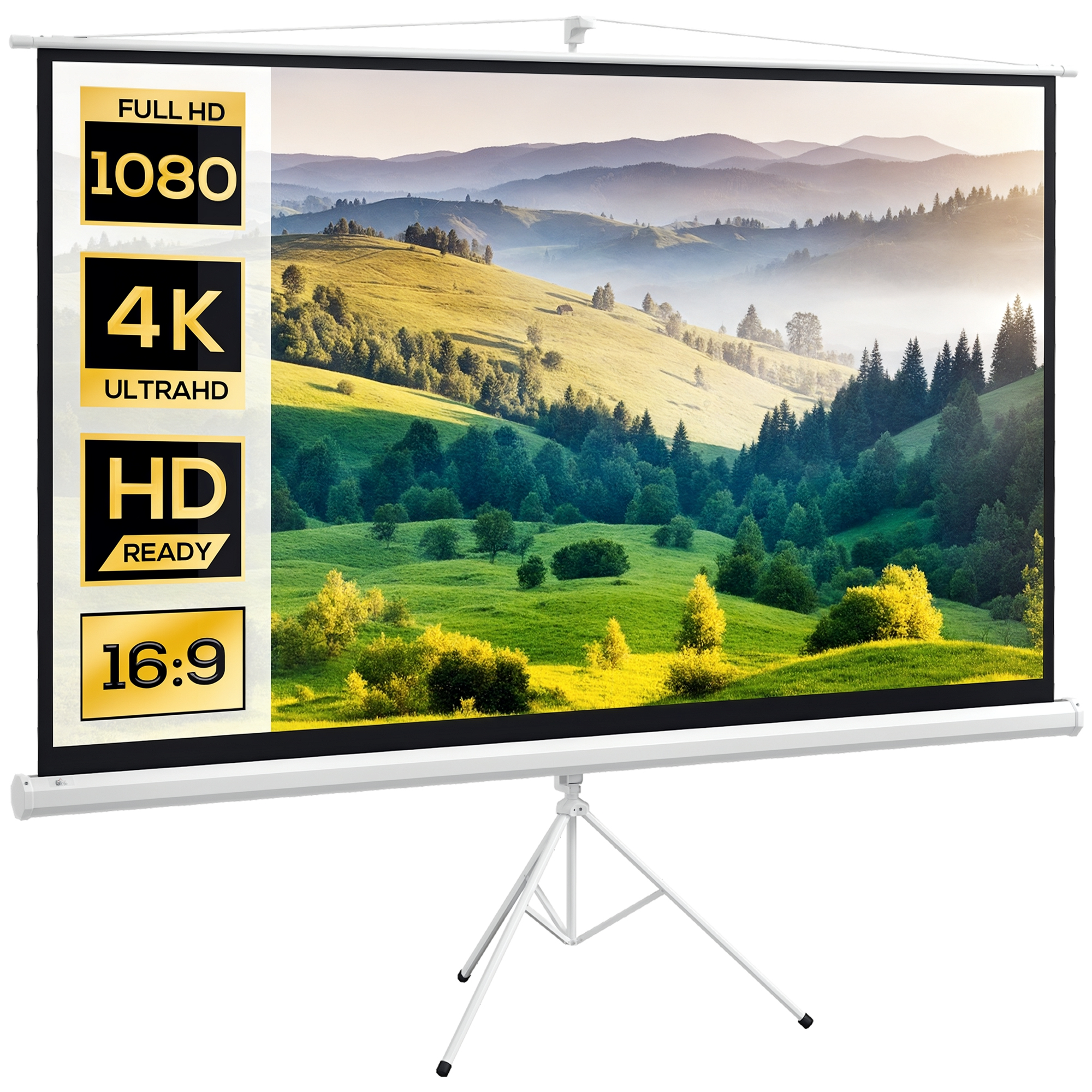 Schermo di proiezione su treppiede con testo. Full HD, 4K Ultrahd, HD Ready, rapporto 16:9.