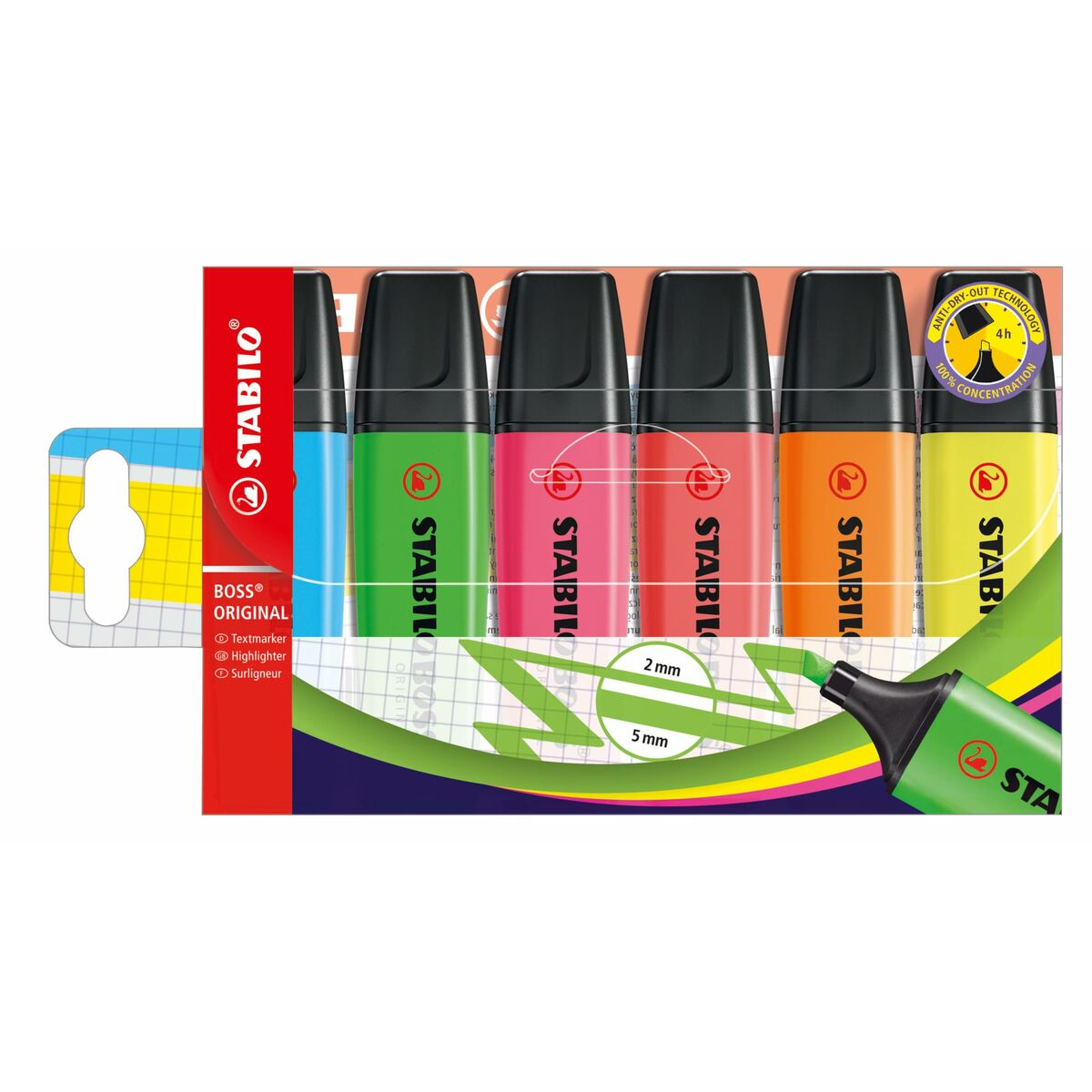 Ein Set aus sechs Textmarkern in verschiedenen Farben: blau, grün, rosa, orange, gelb und ein zweites Gelb, mit Text.