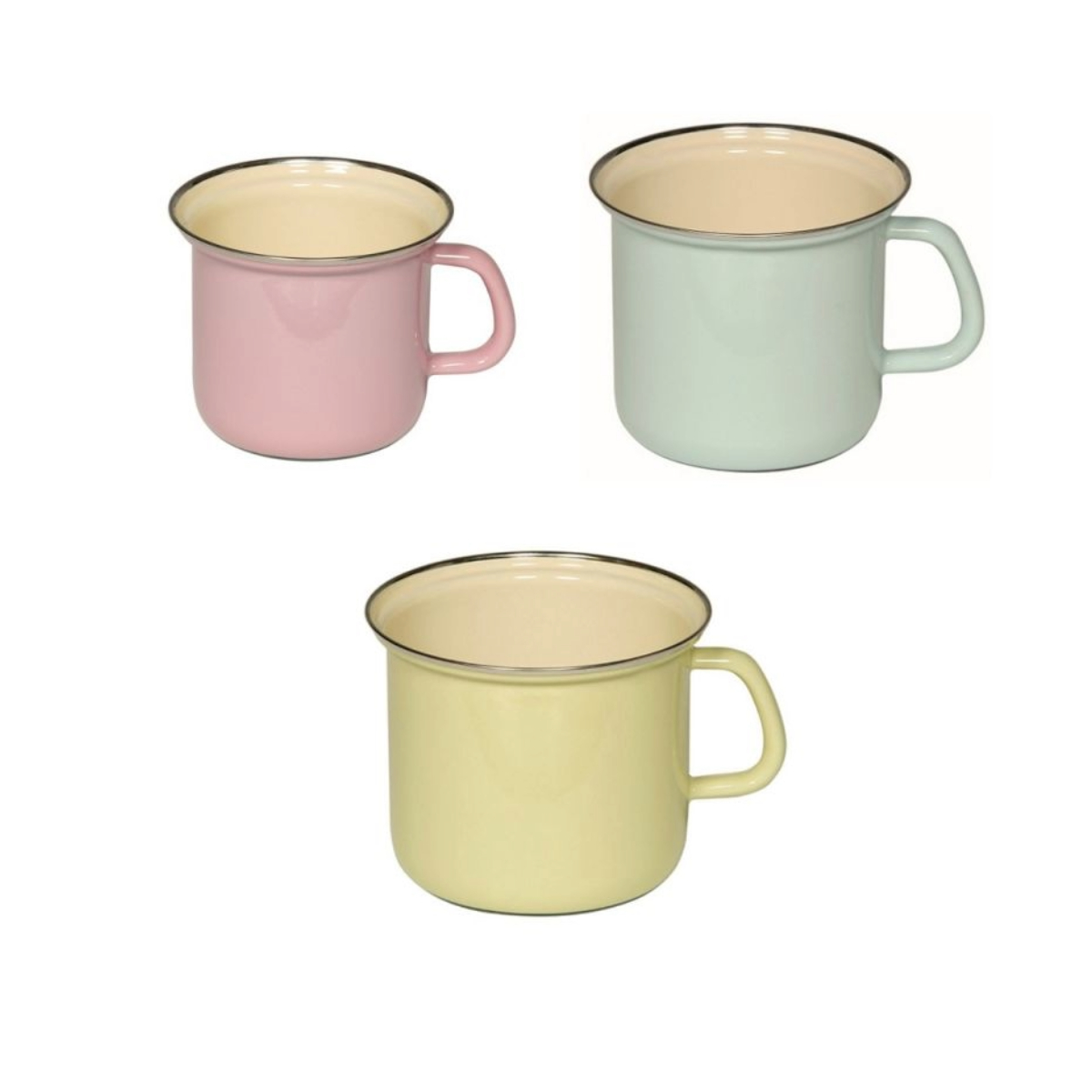 Drei bunte Becher: rosa, grün und gelb. Jeder hat einen Henkel und ein weißes Innere, vor weißem Hintergrund.