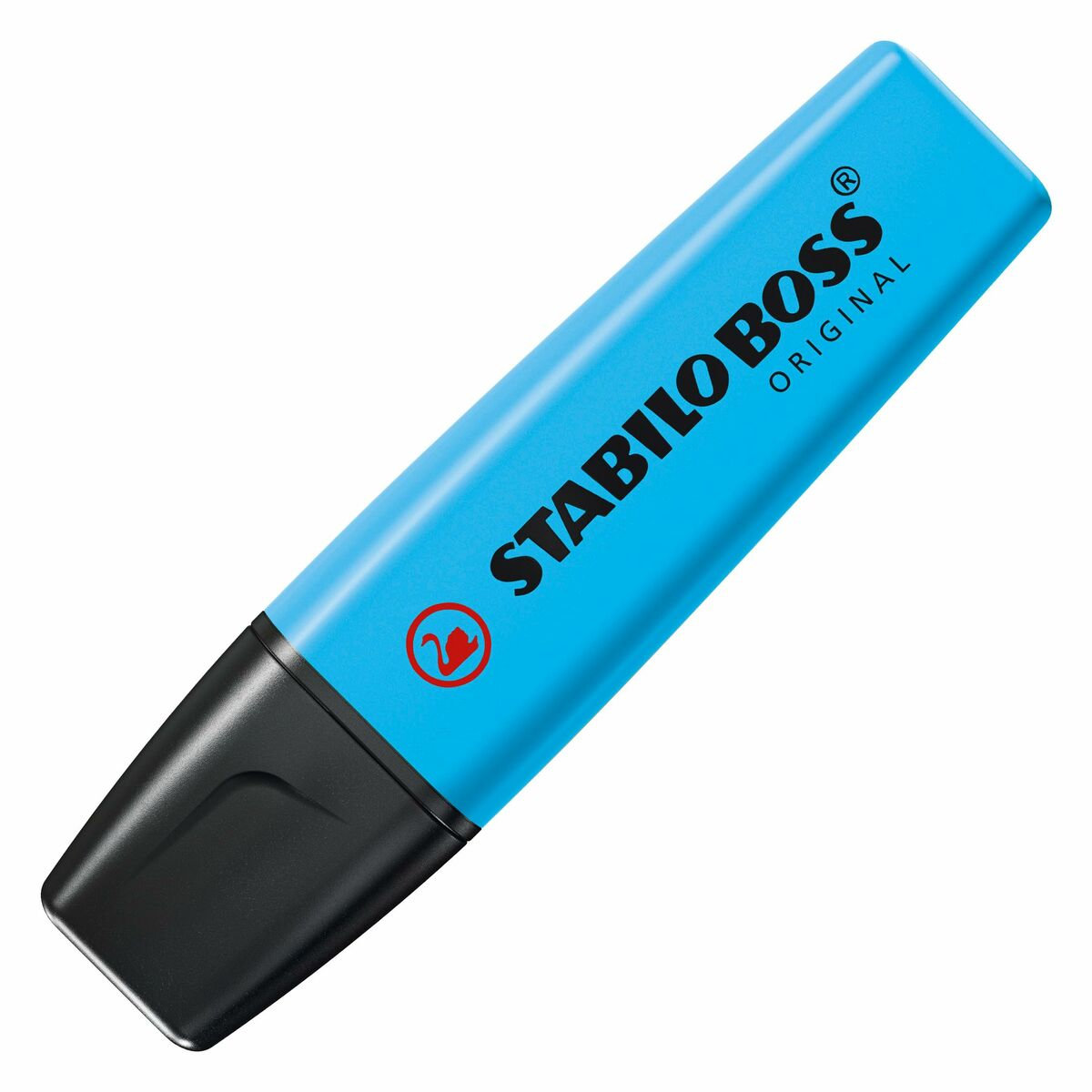 Ein blauer Stabilo Boss Textmarker mit schwarzer Spitze und dem Markennamen an der Seite.
