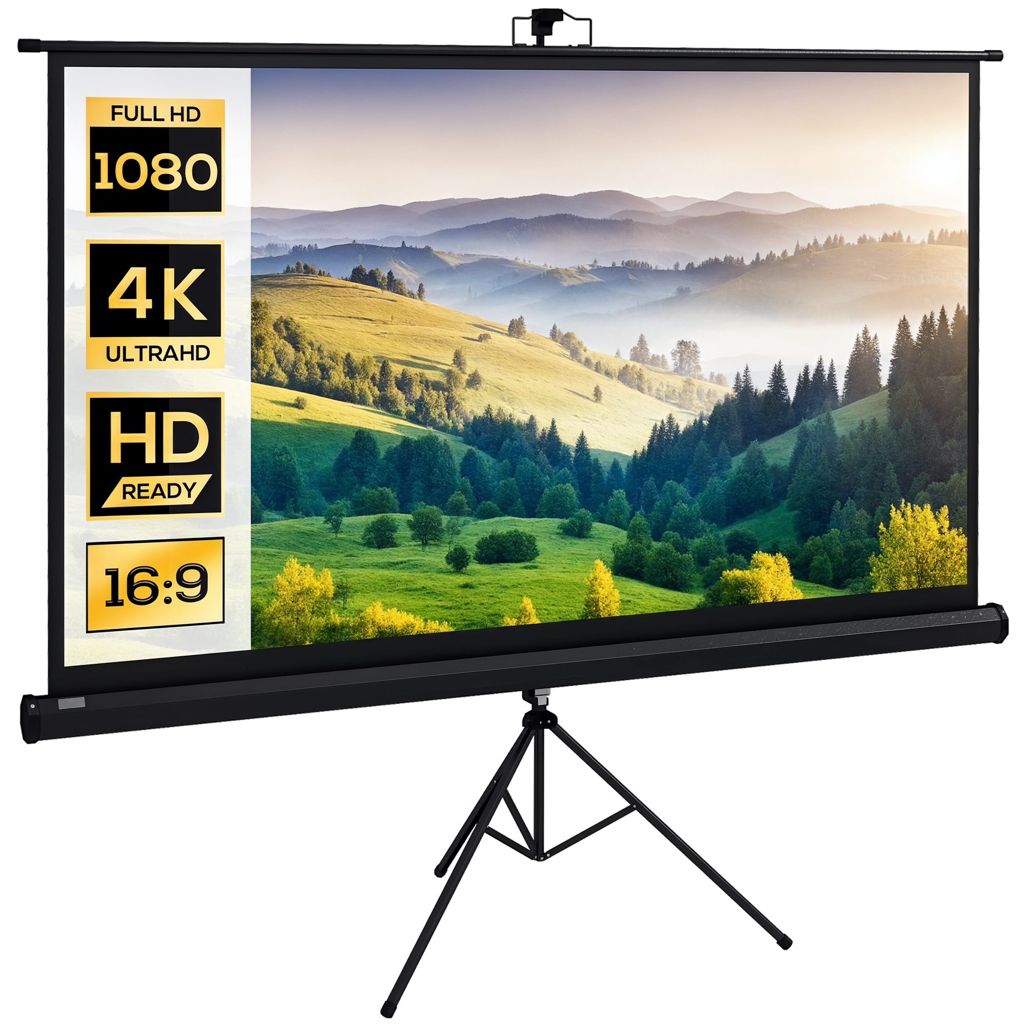 Uno schermo per proiettore mostra un paesaggio. È su un treppiede e ha etichette 4K, HD e 1080.