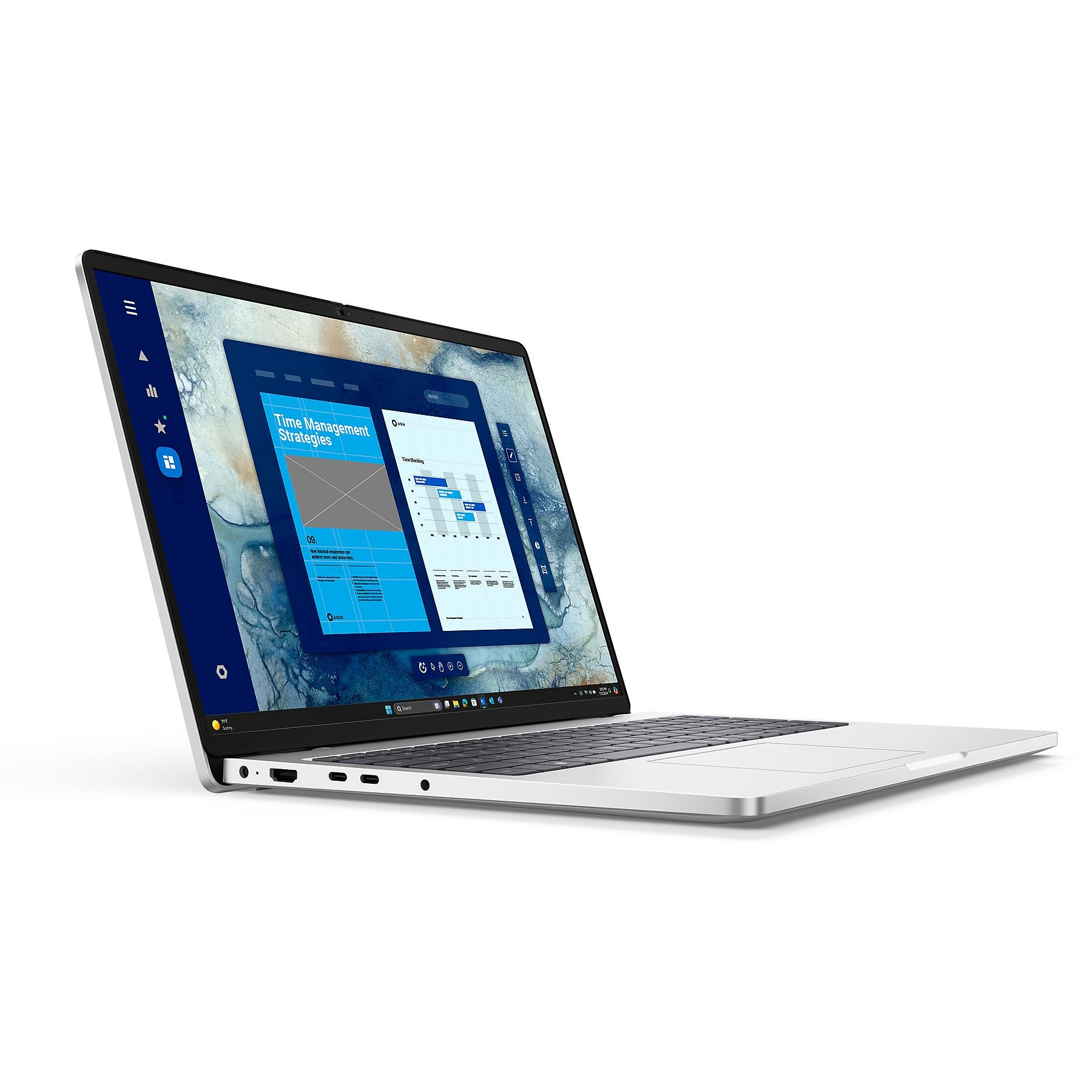 Un laptop argentato è aperto ad angolo, mostrando un'interfaccia di gestione del tempo. Sfondo bianco.