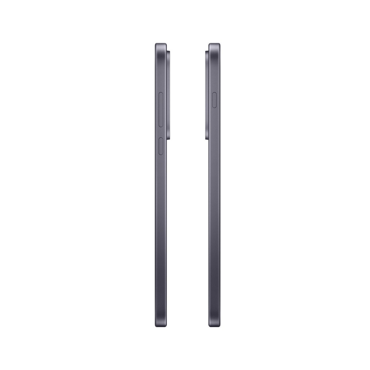 Dwa szare smartfony obok siebie. Widziane z boku. Tło jest białe.