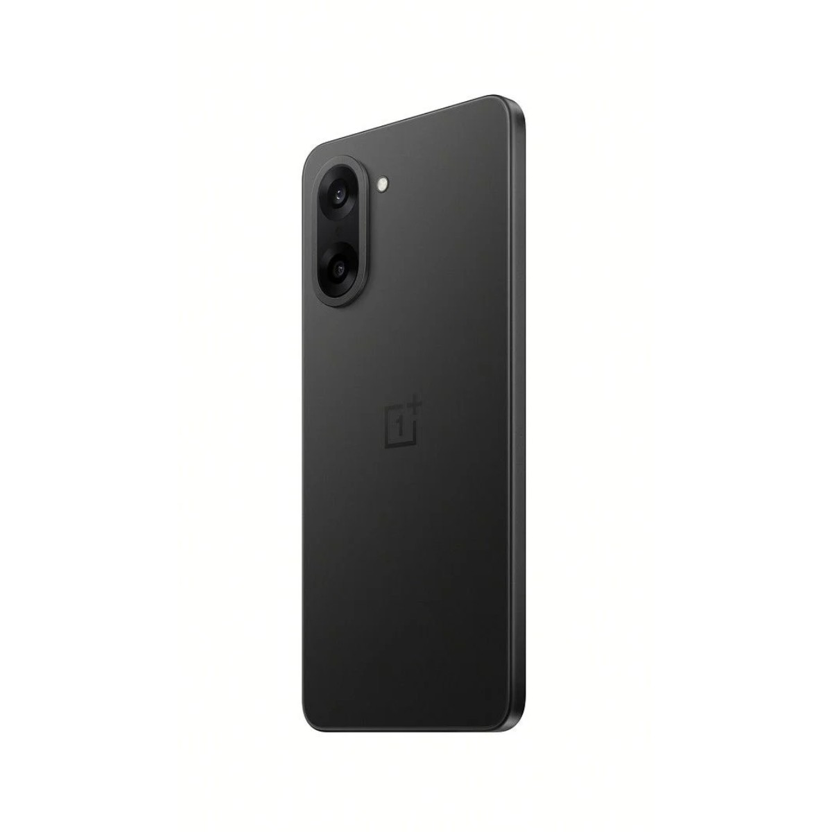 Ein schwarzes Smartphone wird von hinten gezeigt, mit Kamera und Markenlogo. Auf weißem Hintergrund.