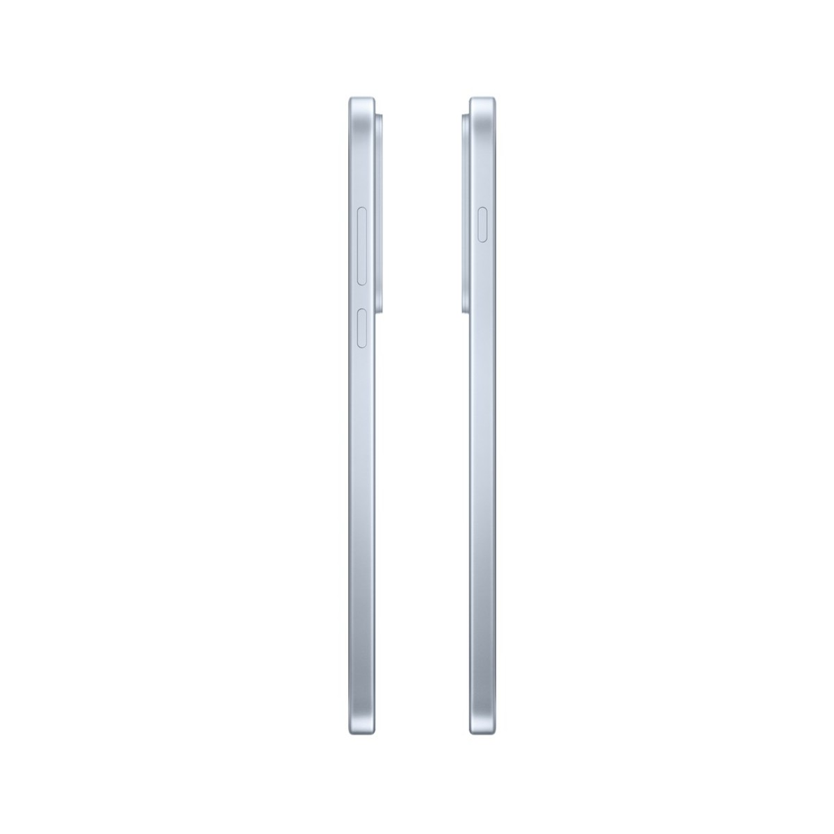 Dwa srebrne smartfony widziane z boku. Tło jest białe.