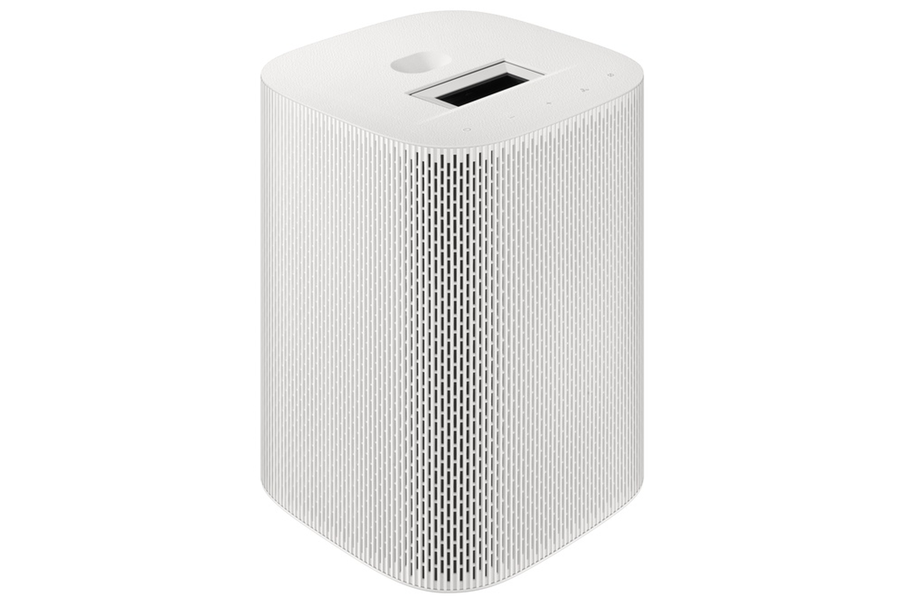 Biały, cylindryczny oczyszczacz powietrza z pionowymi liniami, widziany z boku.