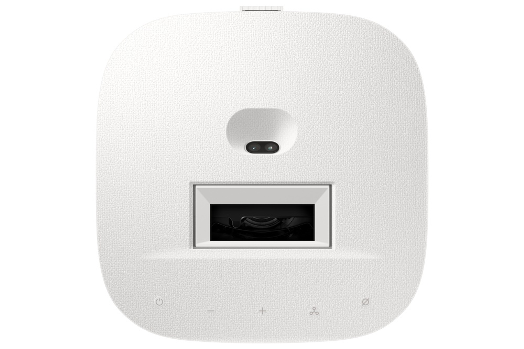 Widok od dołu białego urządzenia z ekranem i przyciskami sterowania.