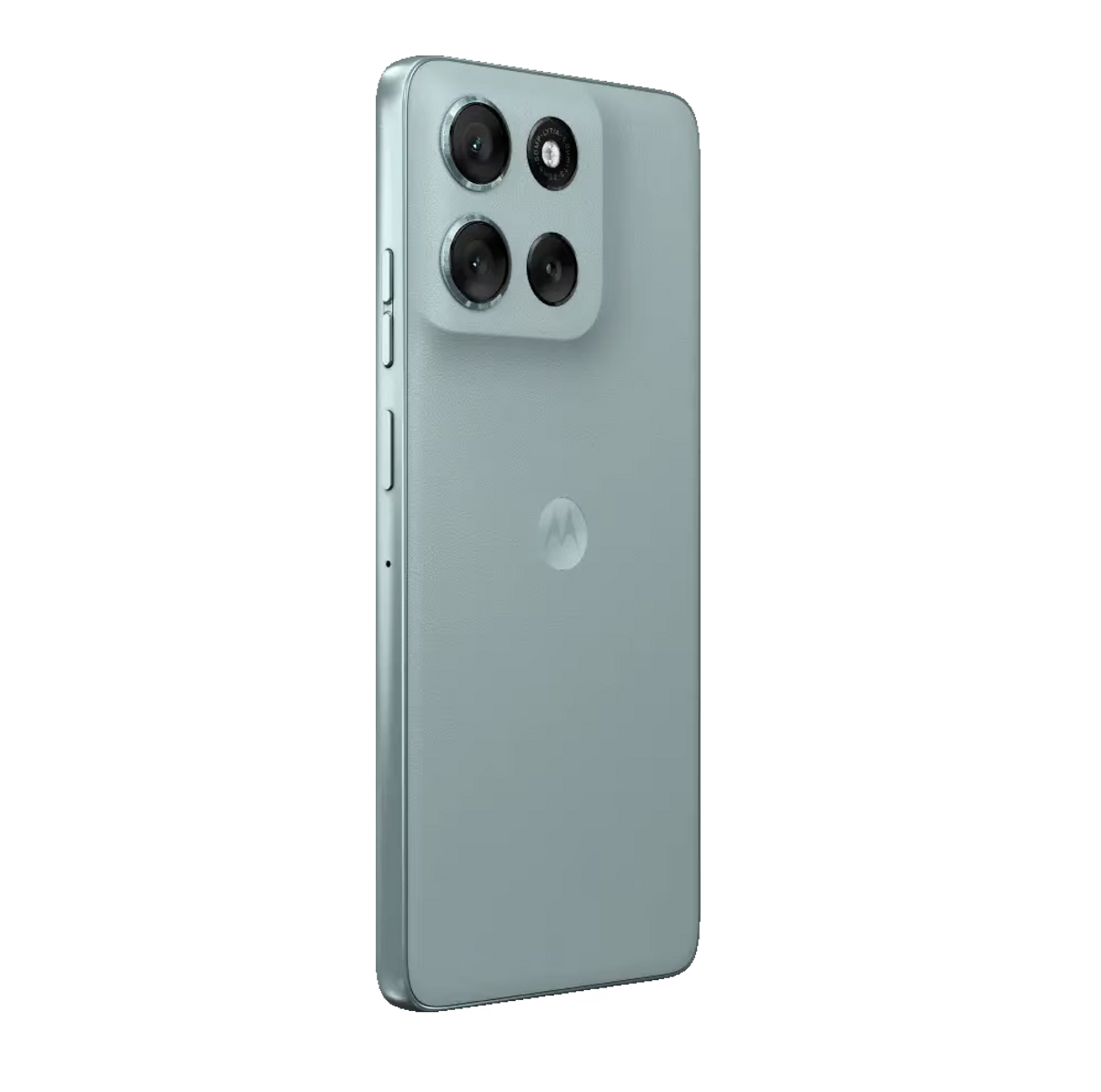 Tył jasnoniebieskiego telefonu z czterema aparatami i logo Motorola.