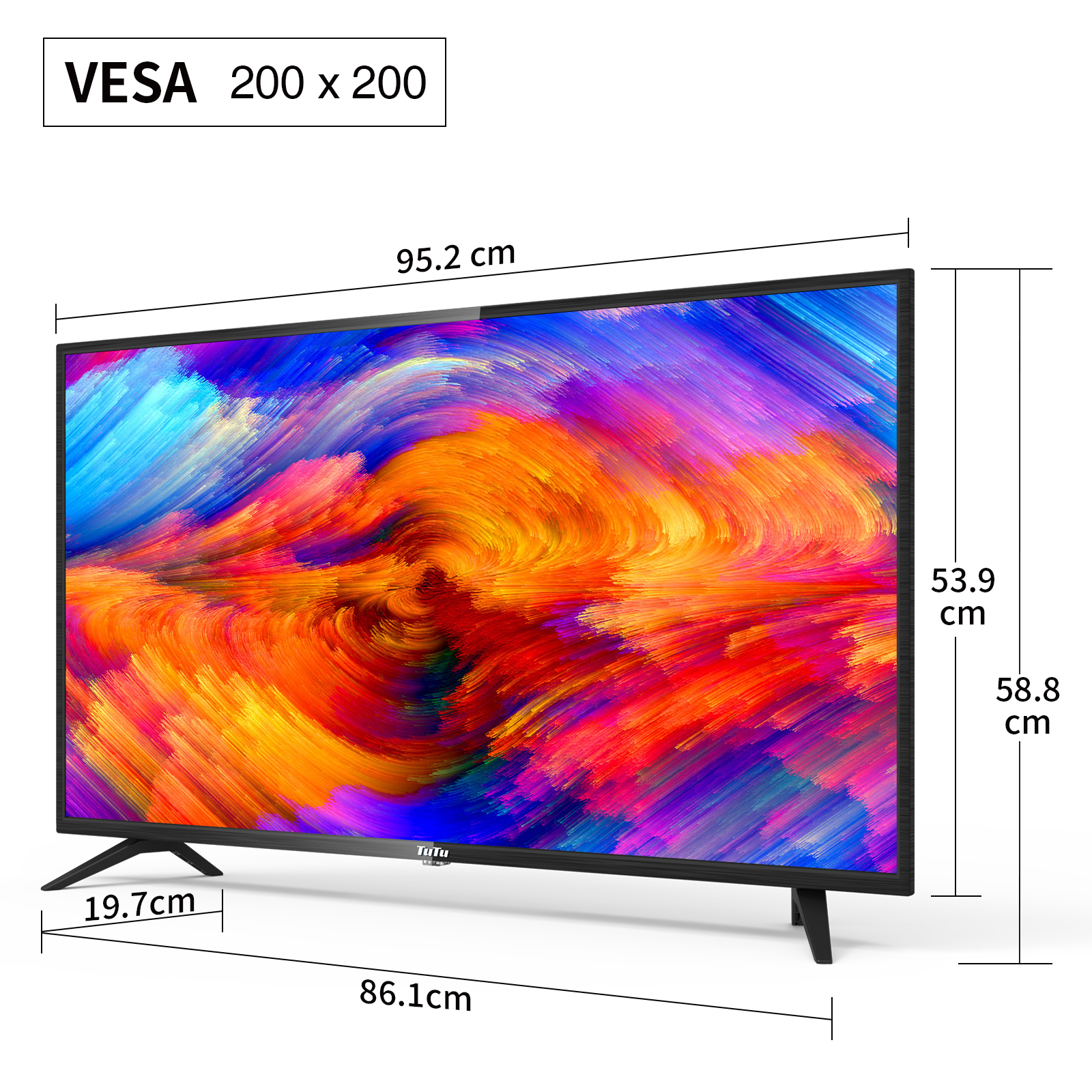 A TV displays an abstract, colorful image with dimensions labeled, showcasing its size and VESA compatibility.