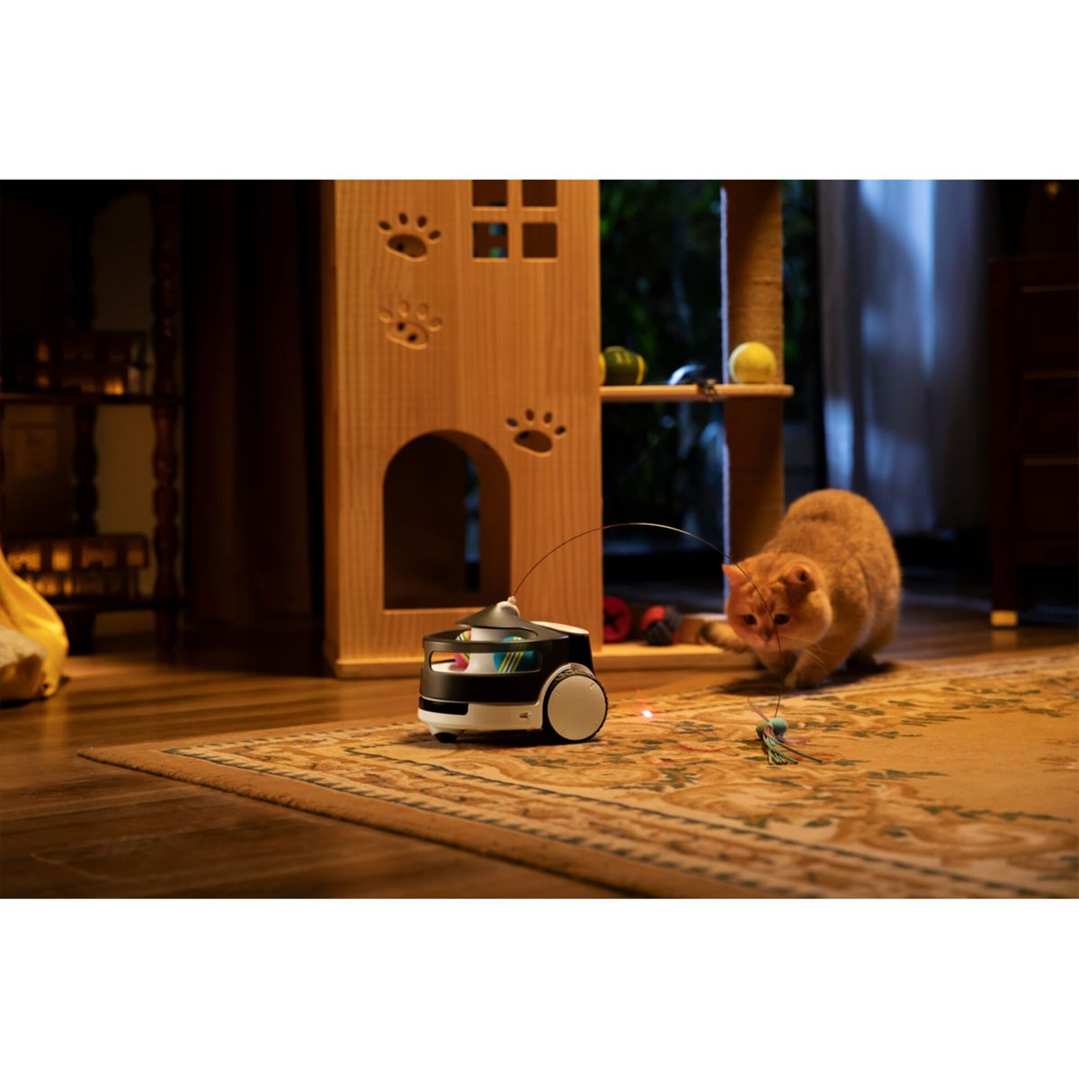 Un gato juega con un robot de juguete y una caña de pescar de juguete cerca de un árbol para gatos en una alfombra estampada.