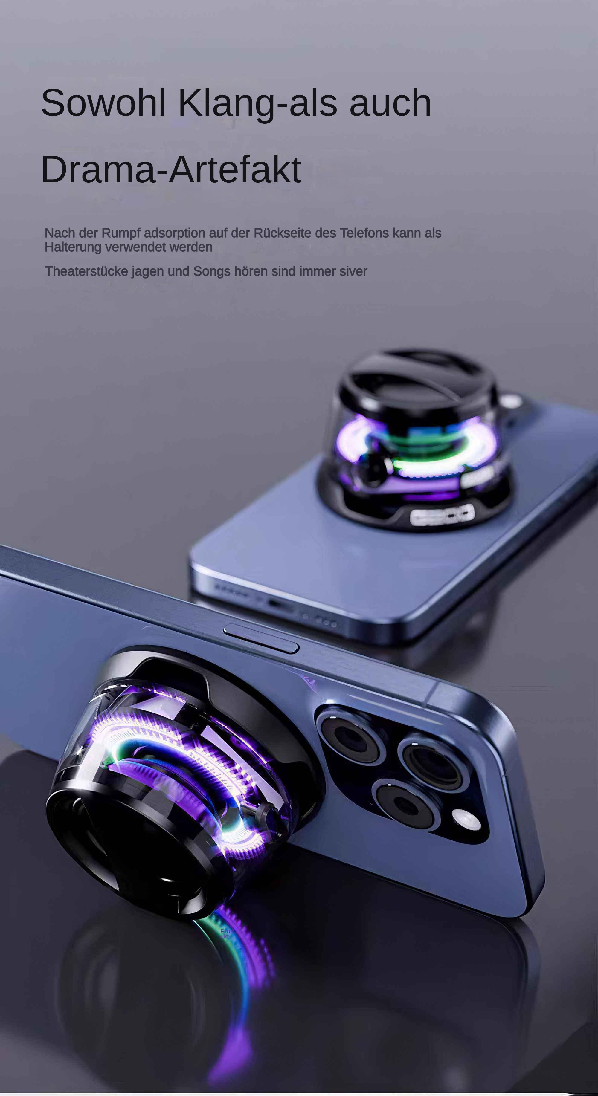 Zwei Telefone mit einem kleinen Lautsprecher. Der Lautsprecher hat bunte Lichter und rundes Design.