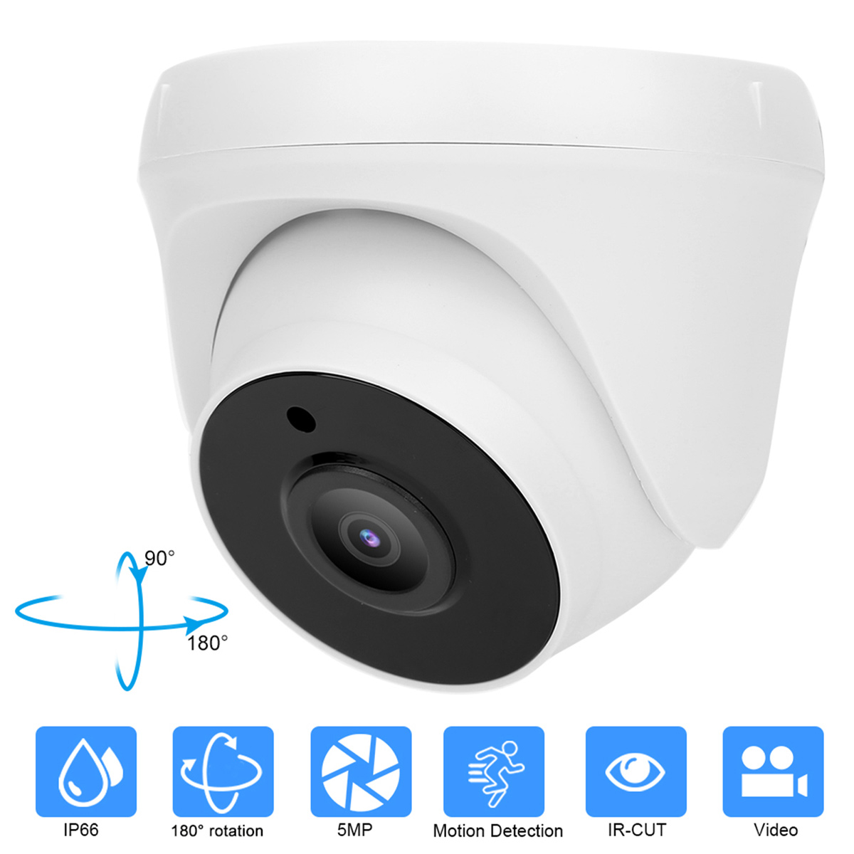 Weiße Sicherheitskamera mit schwarzem Objektiv. Symbole zeigen 180° Drehung, Bewegungserkennung, 5MP und Video.